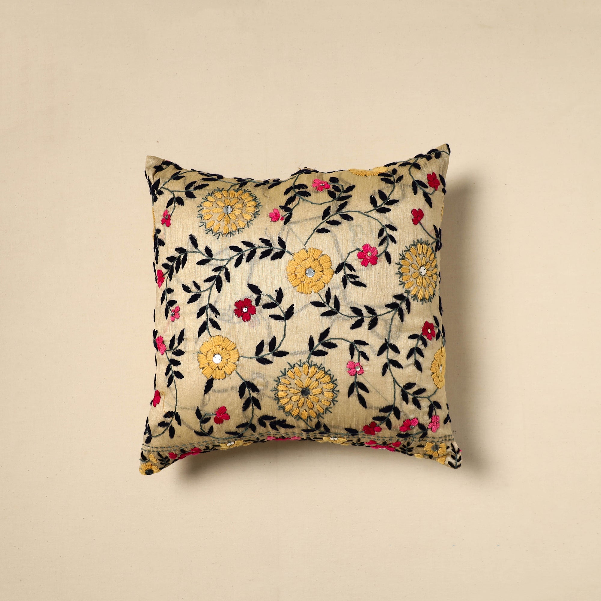JALPARI Beige - Silk Cotton Phulkari Embroidered Cushion Cover 01