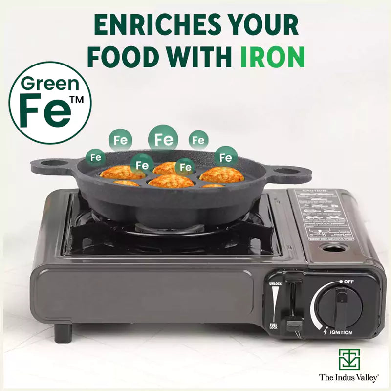 The Indus Valley Super Smooth 7 Pit/Cup Cast Iron Paniyaram/Appe Pan+ Free Spatula, Pre-seasoned, Natural Nonstick, 100% Pure, Toxin-free, 18.9cm, 2.2 - view 6
