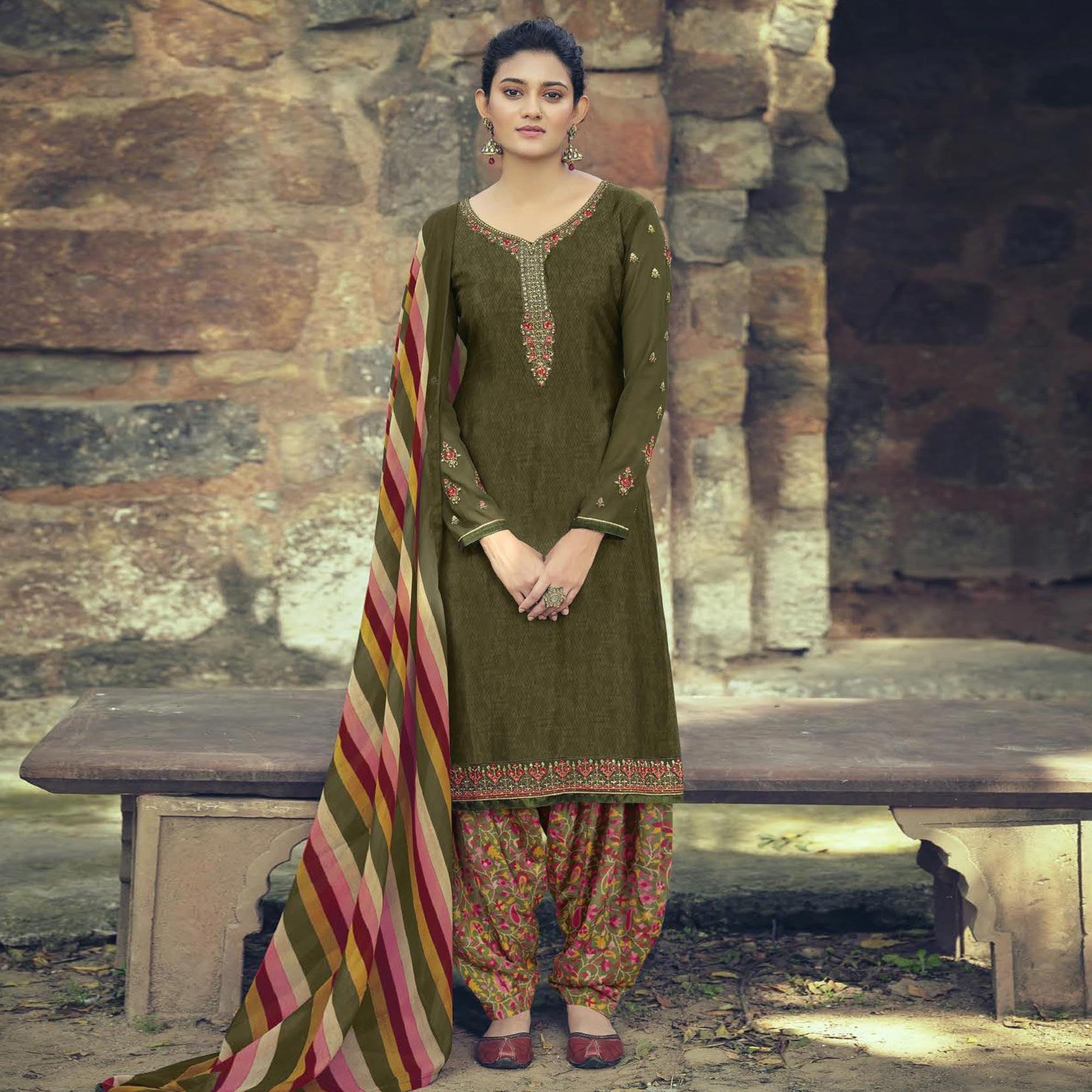 Peachmode Mehendi Green Partywear Embroidered Royal French Crepe Patiala Suit