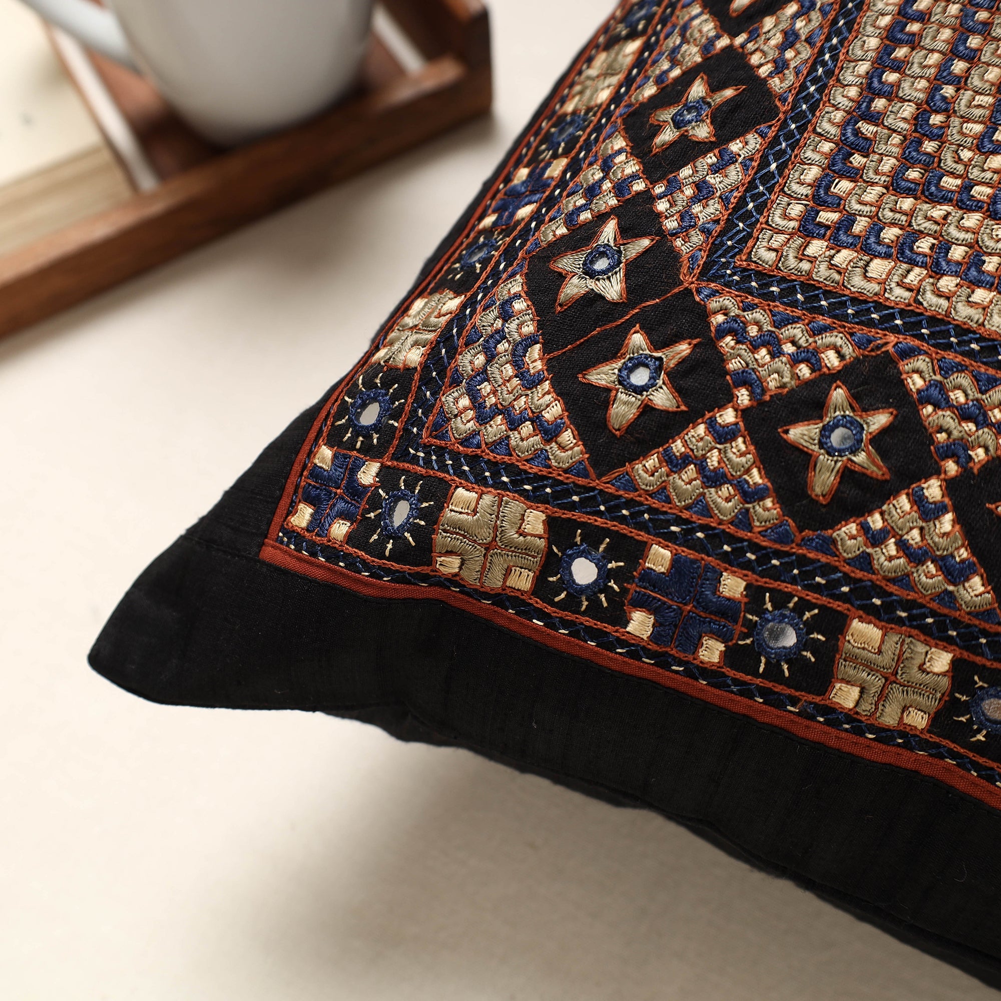 QASAB Black - Kutch Neran Hand Embroidery Silk Cushion Cover (16 x 16 in) - view 2