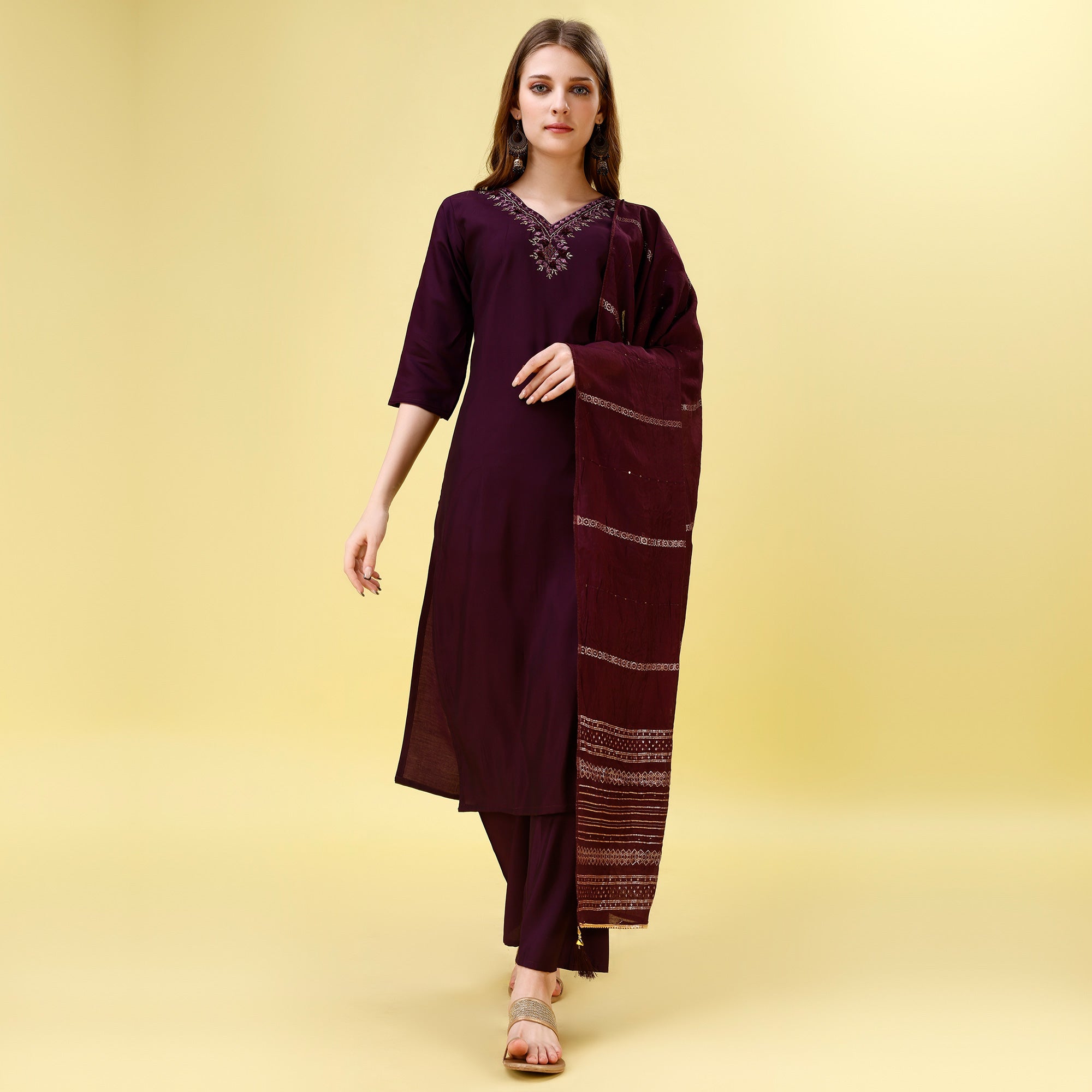 Peachmode Seller Dark Wine Mirror Embroidered Viscose Salwar Suit - view 2