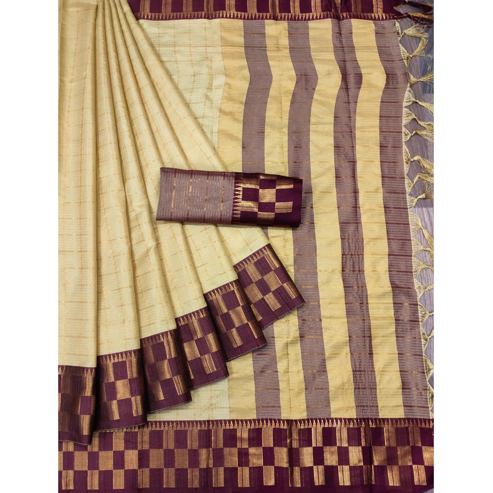 Peachmode Chikoo Woven Cotton Silk Saree – Women's - view 3