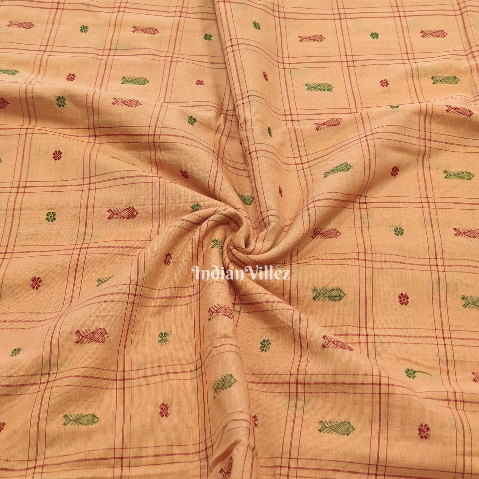 IndianVillèz Beige Fish & Flower Motif Odisha Ikat Bomkai Cotton Fabric