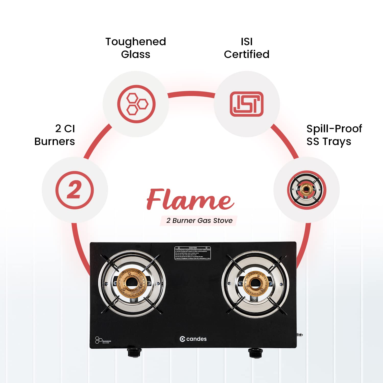 Candes Flame Glass Top Gas Stove | Manual Ignition, Black (ISI Certified | With 12 Months Warranty (2 Burner) - view 3