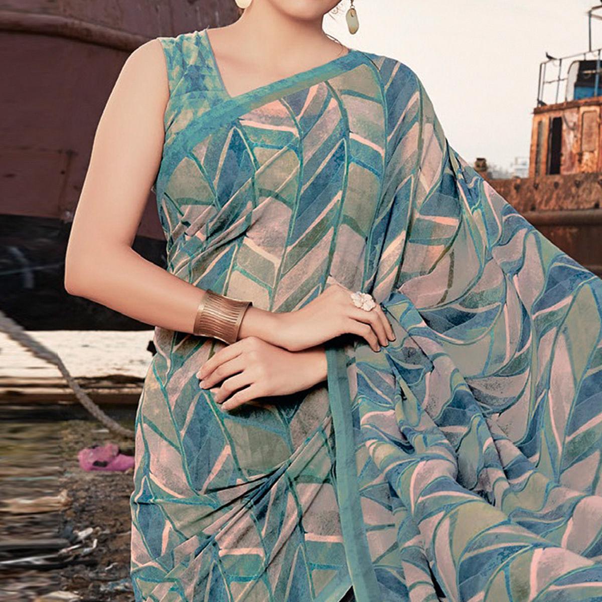 Peachmode Dusty-Blue Shades Festive Wear Floral Printed Georgette Saree - view 2