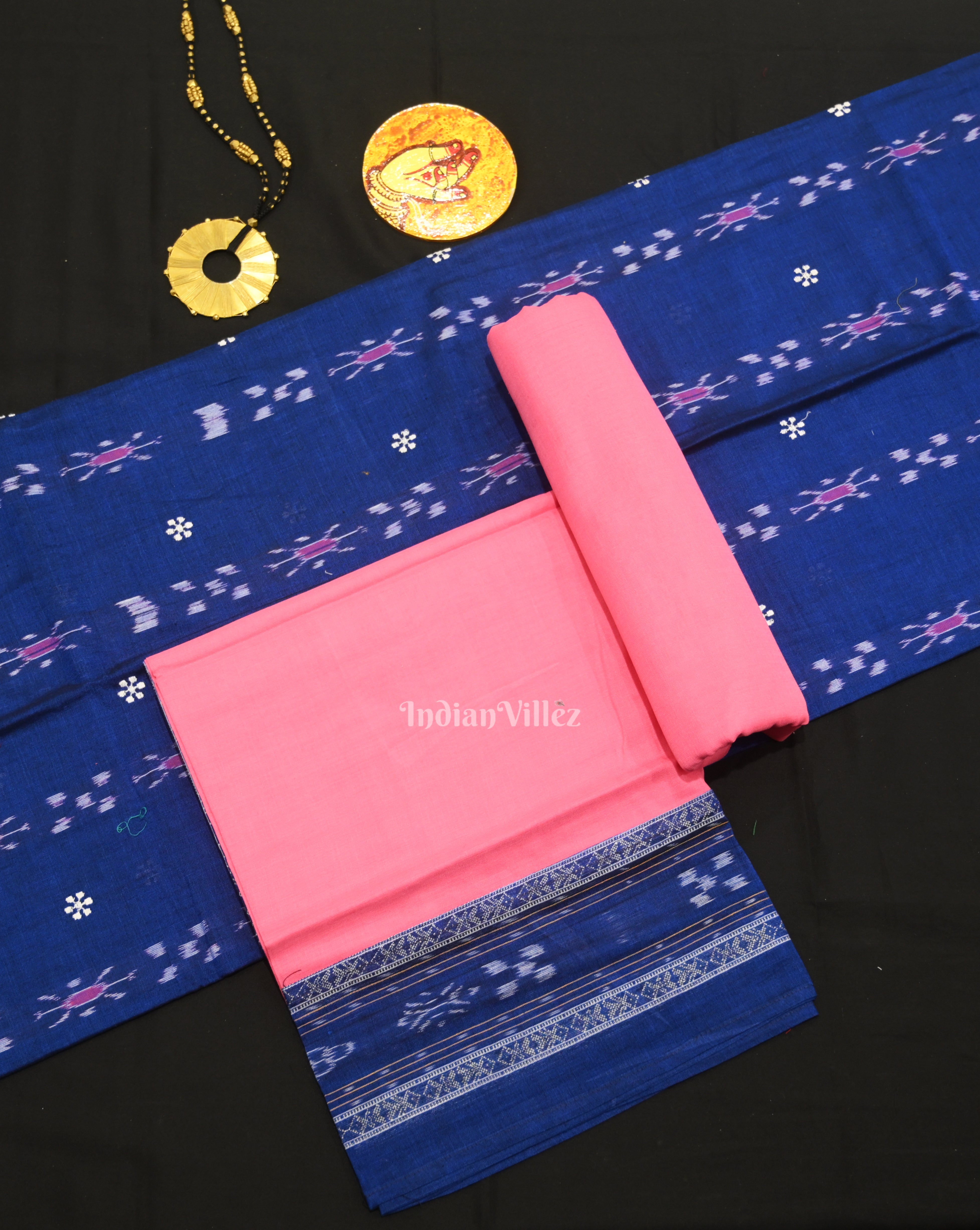 IndianVillèz Blue Baby Pink Flower Buti Odisha Ikat Sambalpuri Dress Set & Dupatta
