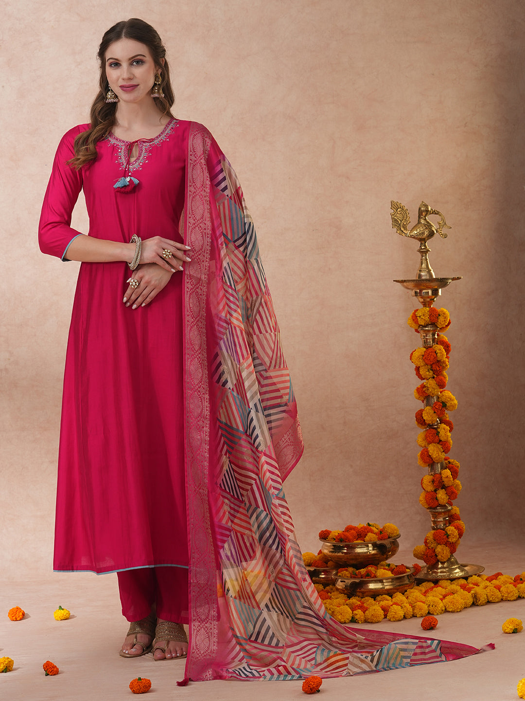 FASHOR Ethnic Floral Embroidered A-Line Kurta with Palazzo and Dupatta - Pink