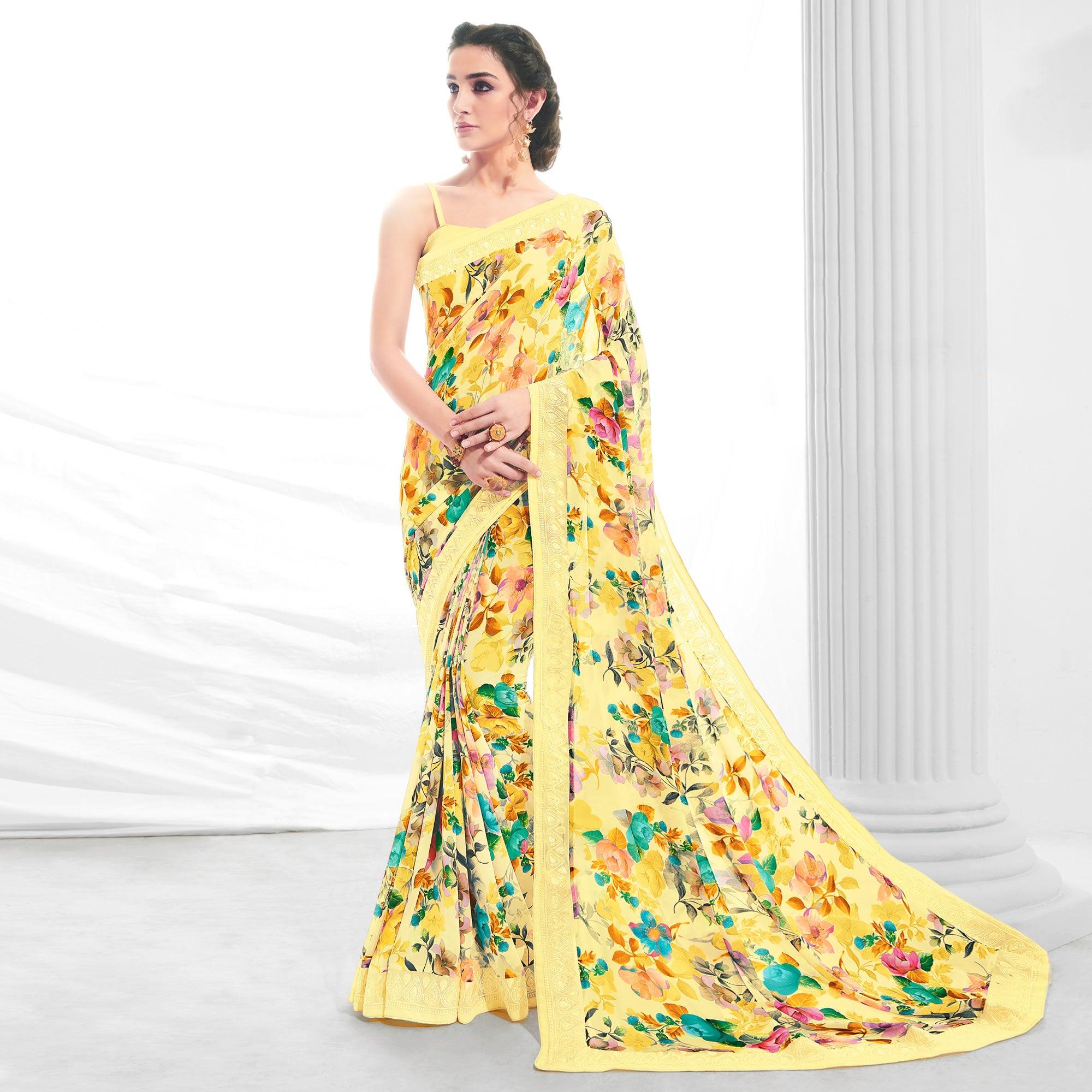 Peachmode Lemon Green Floral Printed With Embroidered Border Georgette Saree - view 2