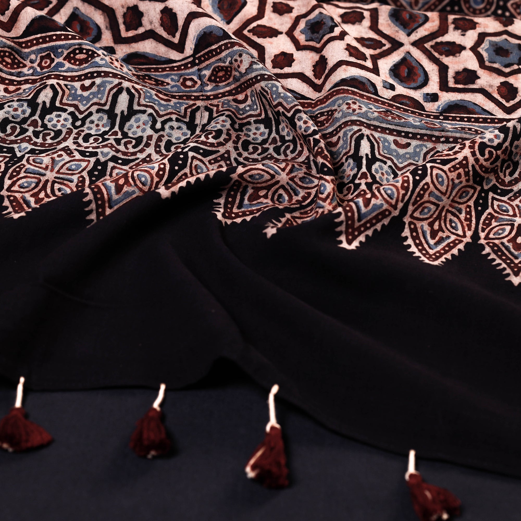 RIYAZ ABDULMAJID KHATRI - AJRAKH Black - Ajrakh Block Printed Mul Cotton Stole with Tassels - view 2