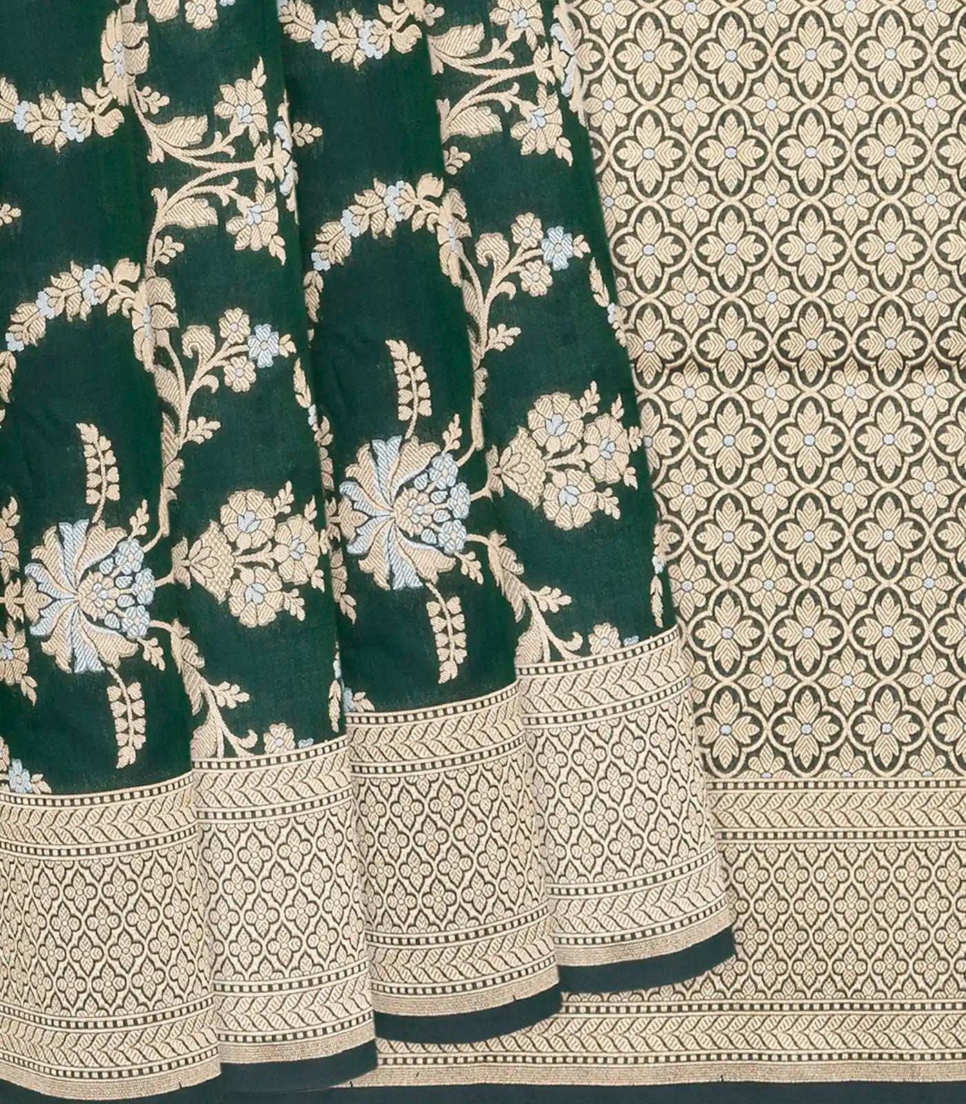 RmKV Bottle Green Handloom Banarasi Silk Saree With Floral Vine Motifs-Bottle Green