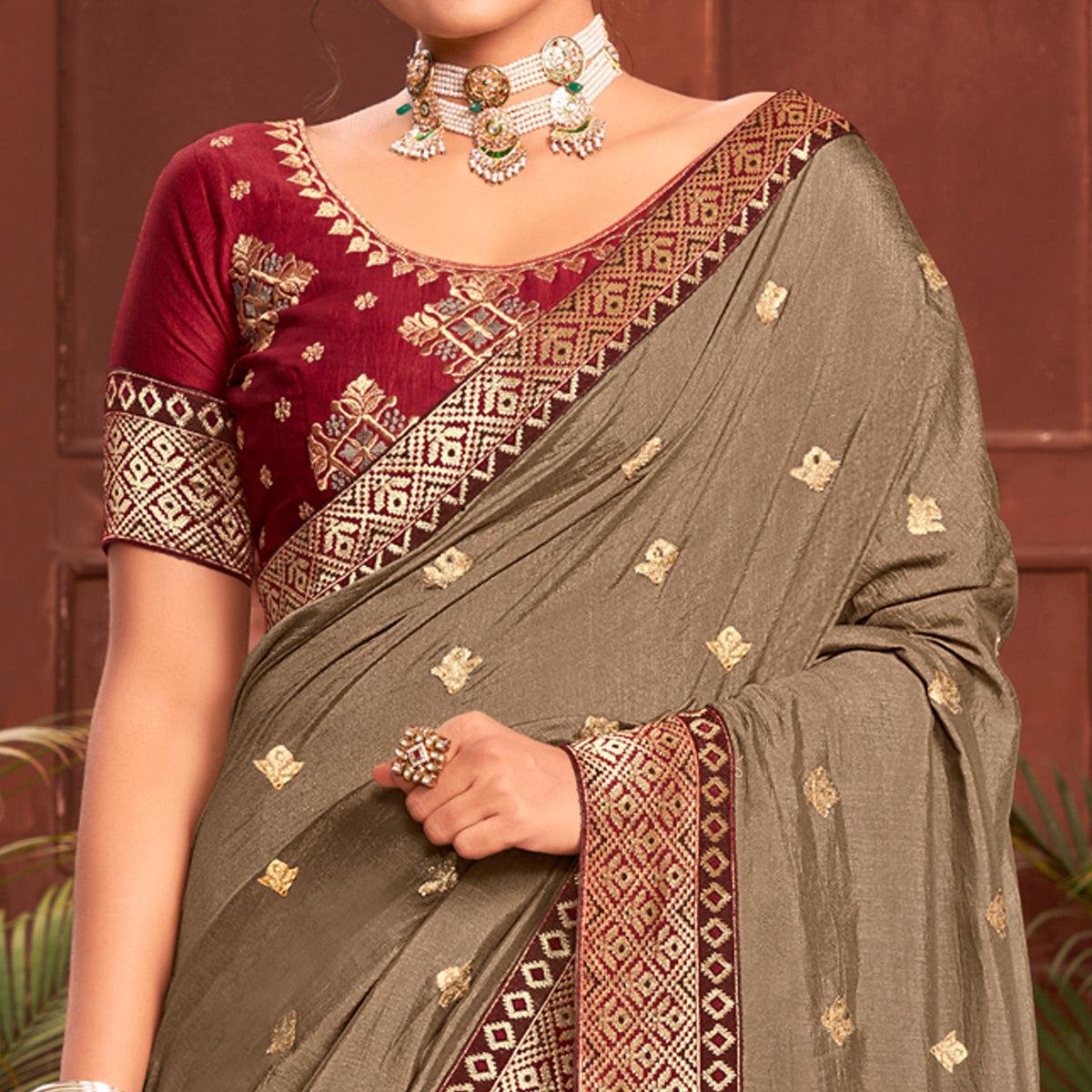 Peachmode Brown Embroidered With Embellished Vichitra Silk Saree - view 2