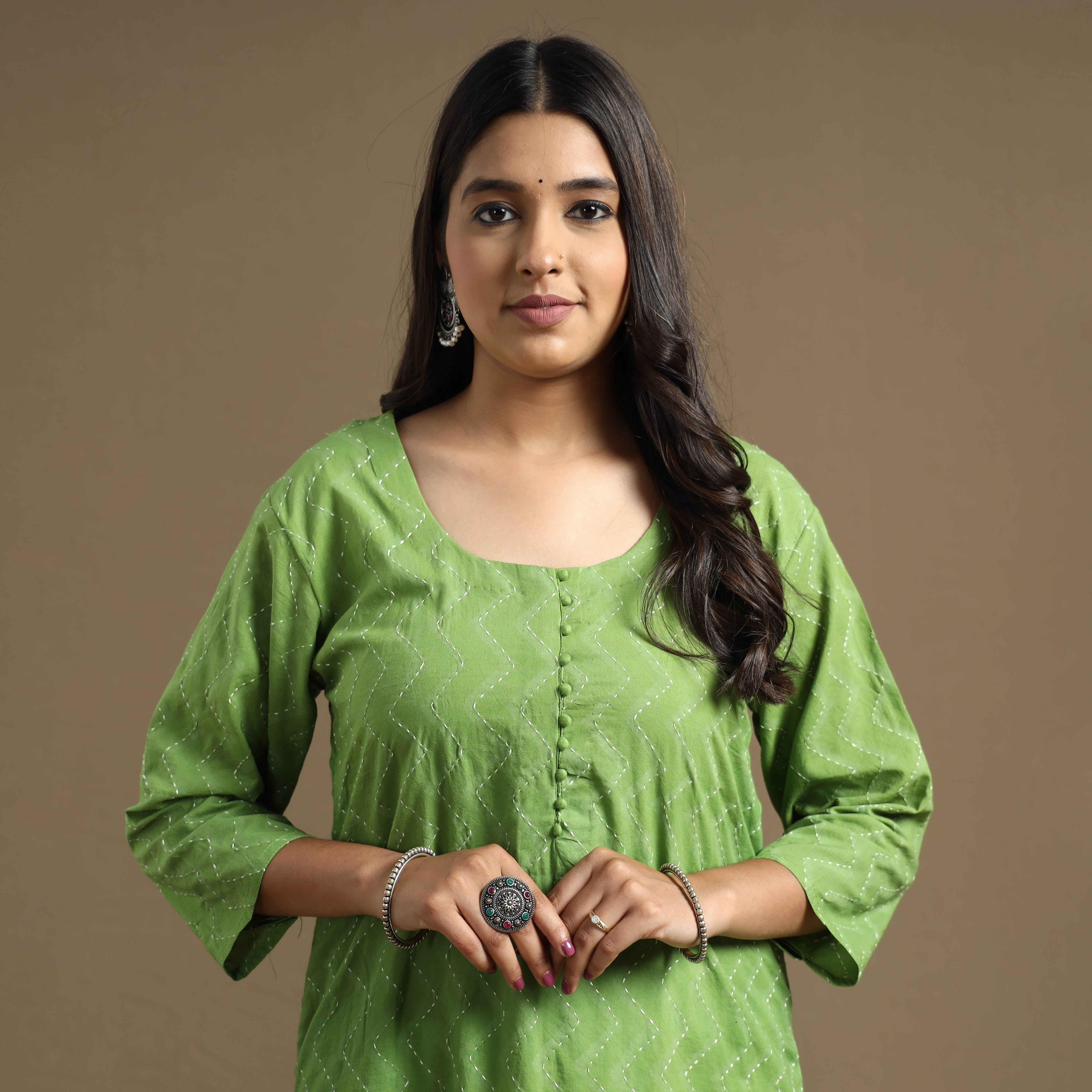 ITOKRI CASUALS Apple Green - Plain Cotton Tagai Work Long Straight Kurta