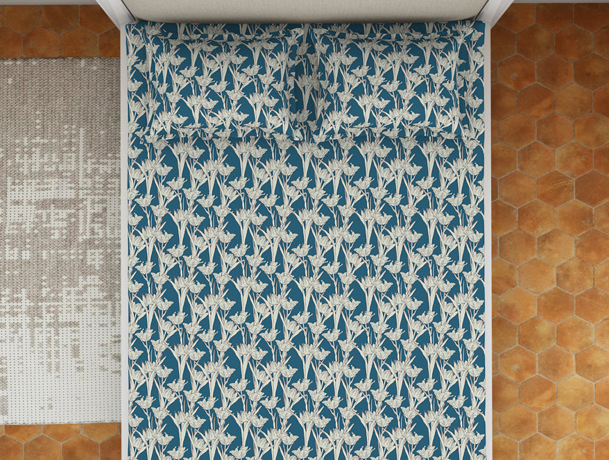 Spaces India Floral Blue Sapphire - Dark Blue Microfiber Double Bedsheet - Dazzle By Welspun - view 3