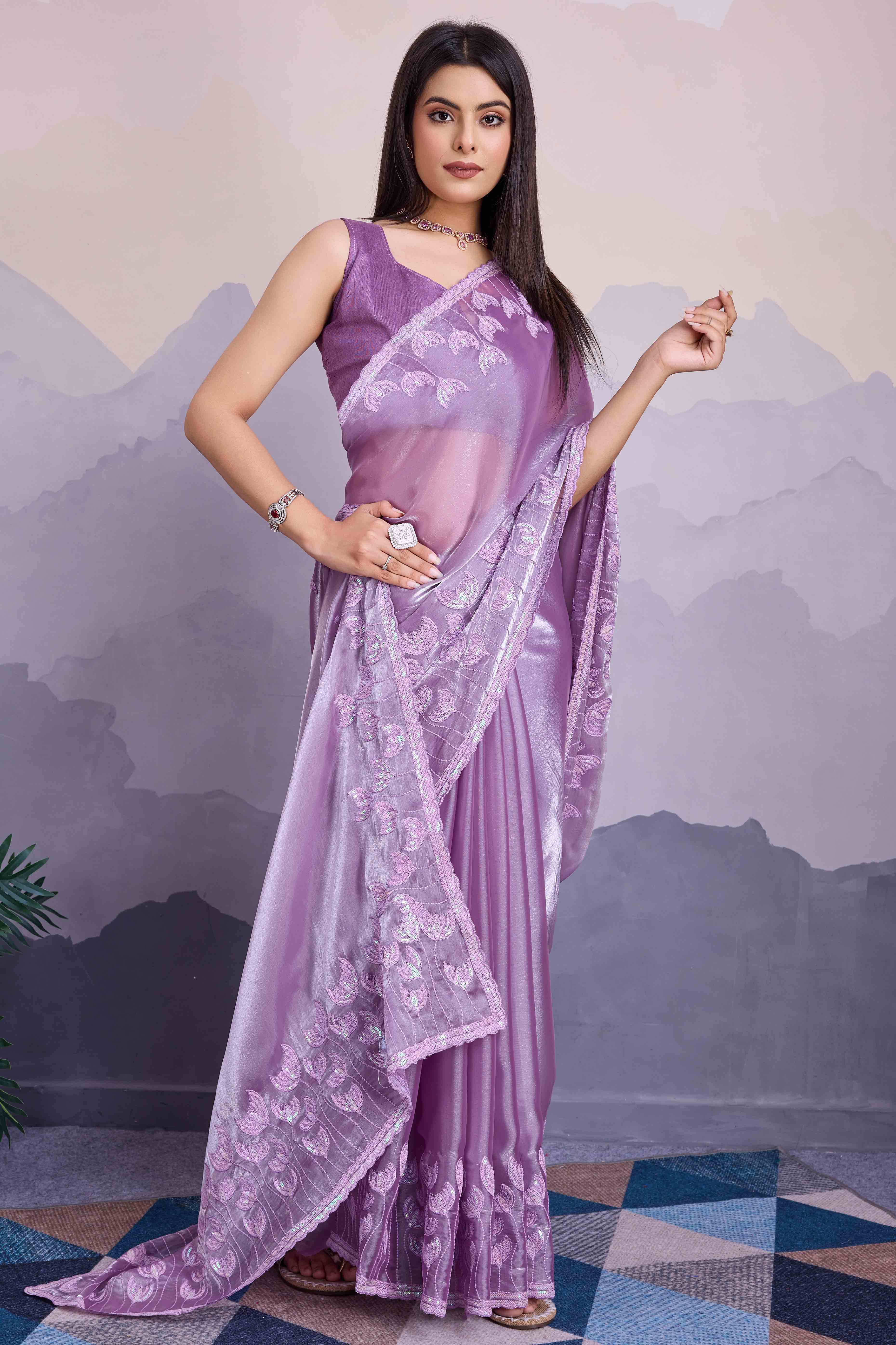 Peachmode Lavender Floral Sequins Embroidered Jimmi Choo Zoya Silk Saree - view 3