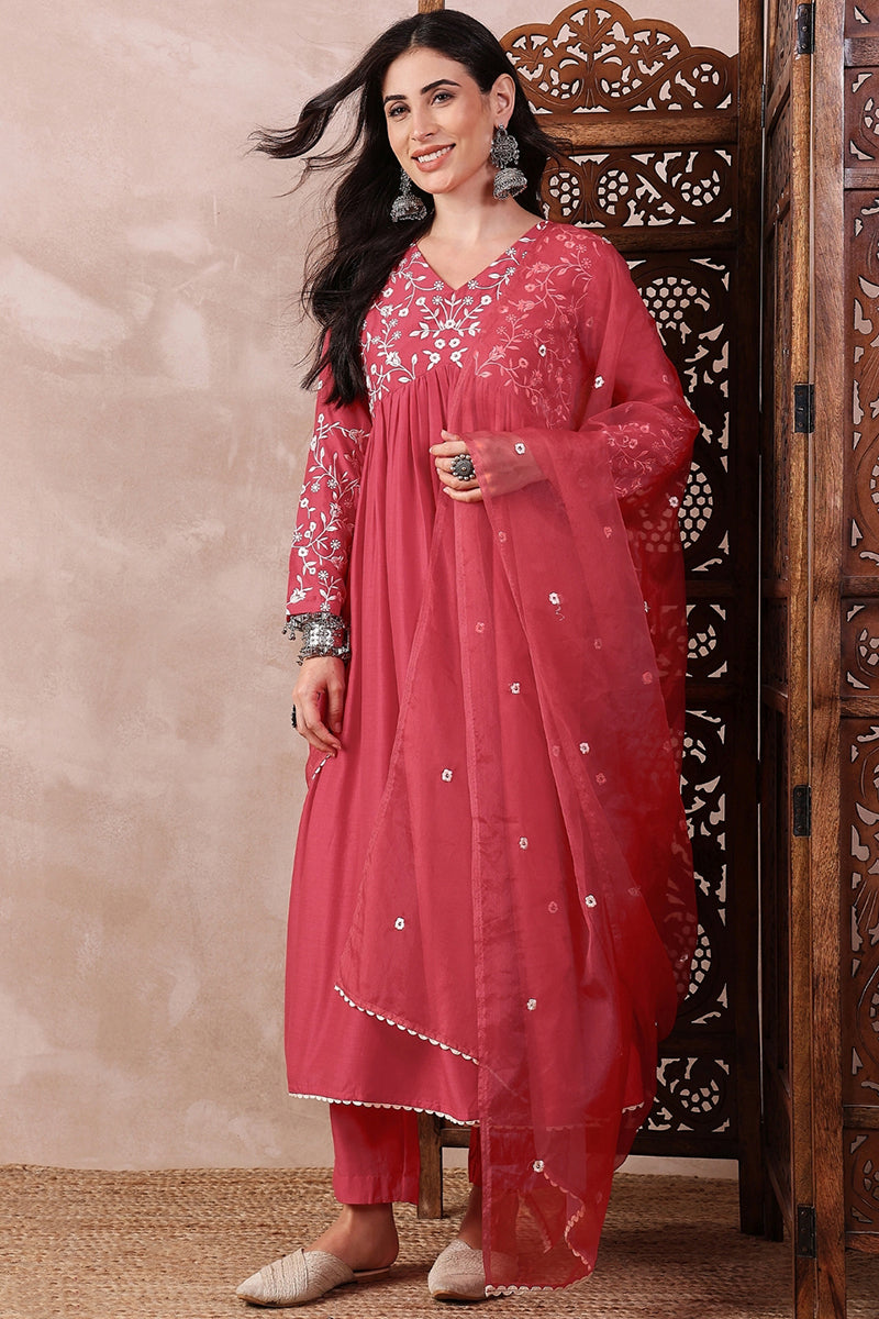 Ahika Red Cotton Blend Solid Embroidered A-Line Trouser Bottom Suit Set PKSKD2375 - view 2