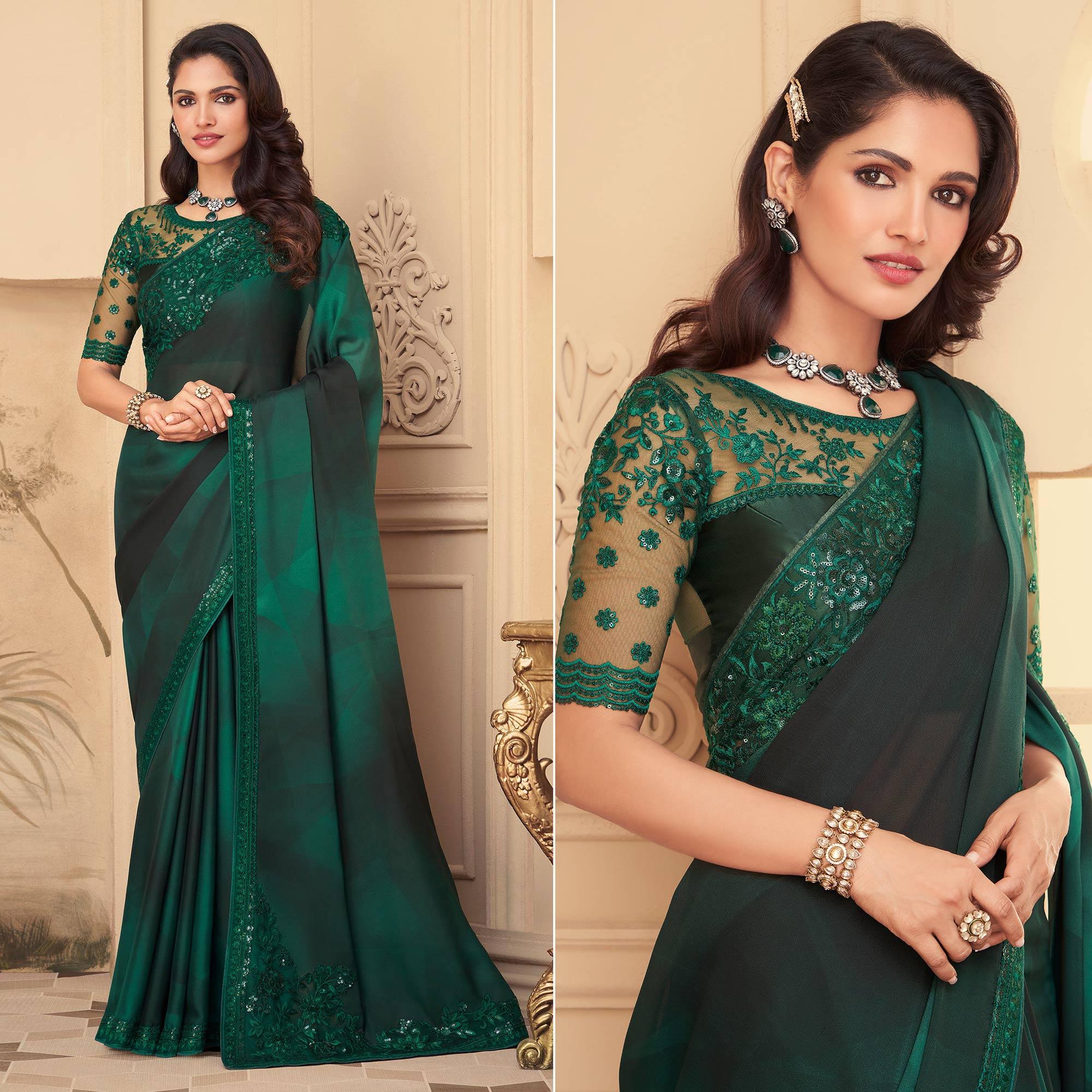 Peachmode Bottle green Floral Sequins Embroidered Art Silk Saree
