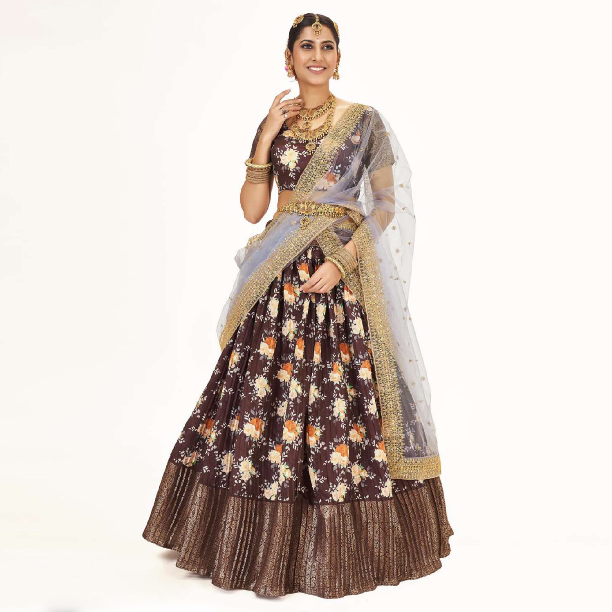Peachmode Chocolate Brown Digital Printed With Zari Work Art Silk Lehenga Choli