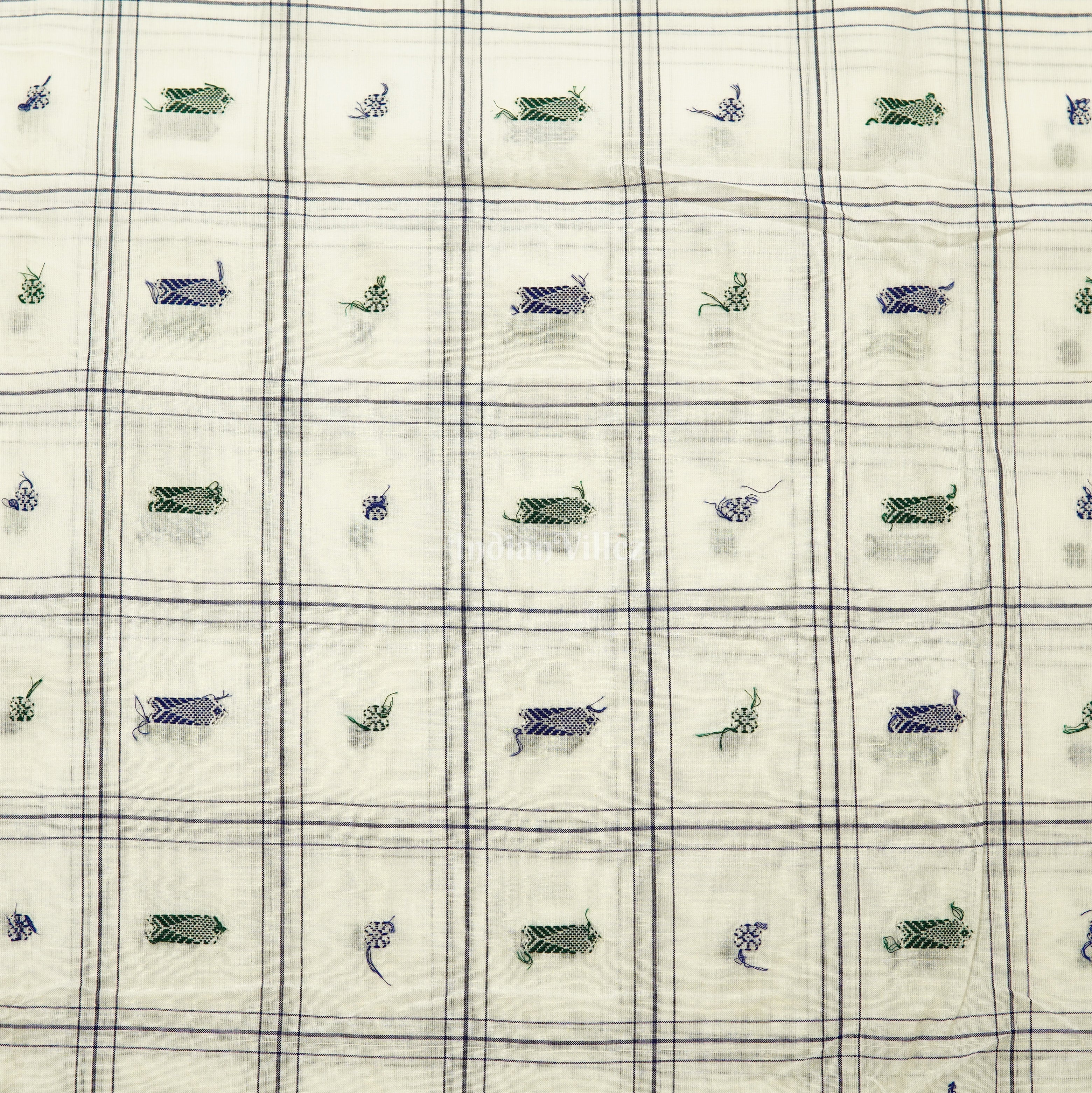 IndianVillèz White Fish & Flower Motif Bomkai Cotton Fabric - view 2
