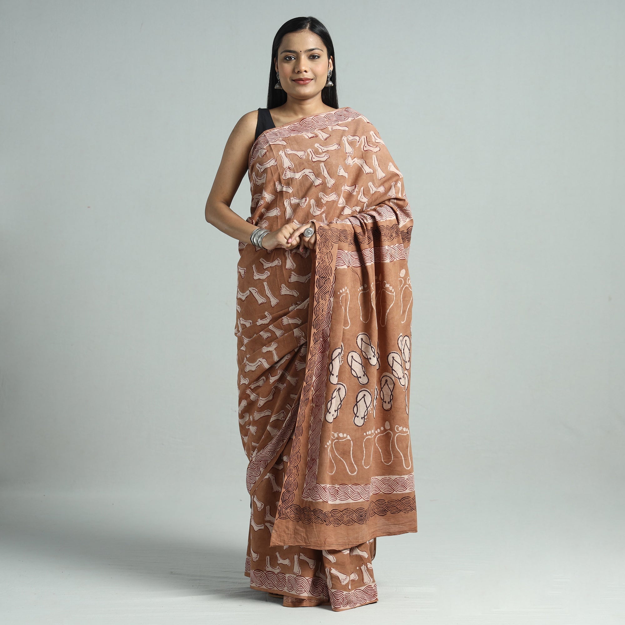 BINDAAS UNLIMITED Brown - Bindaas Art Block Printed Natural Dyed Cotton Saree 36