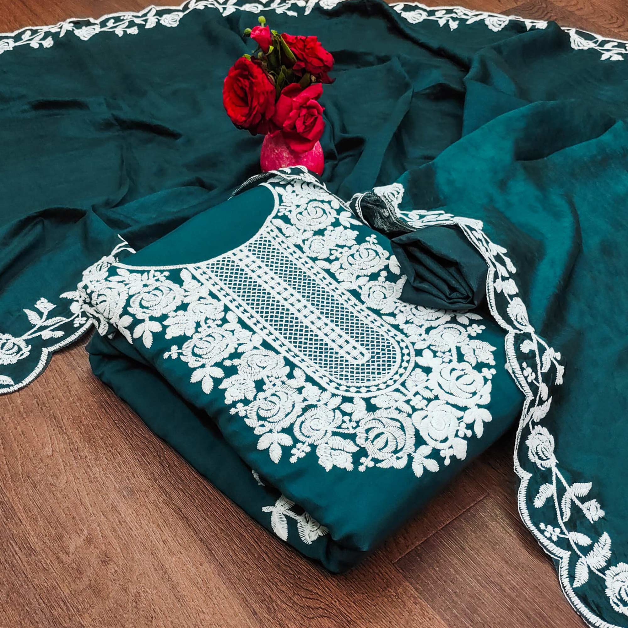 Peachmode Morpich Floral Embroidered Chanderi Dress Material