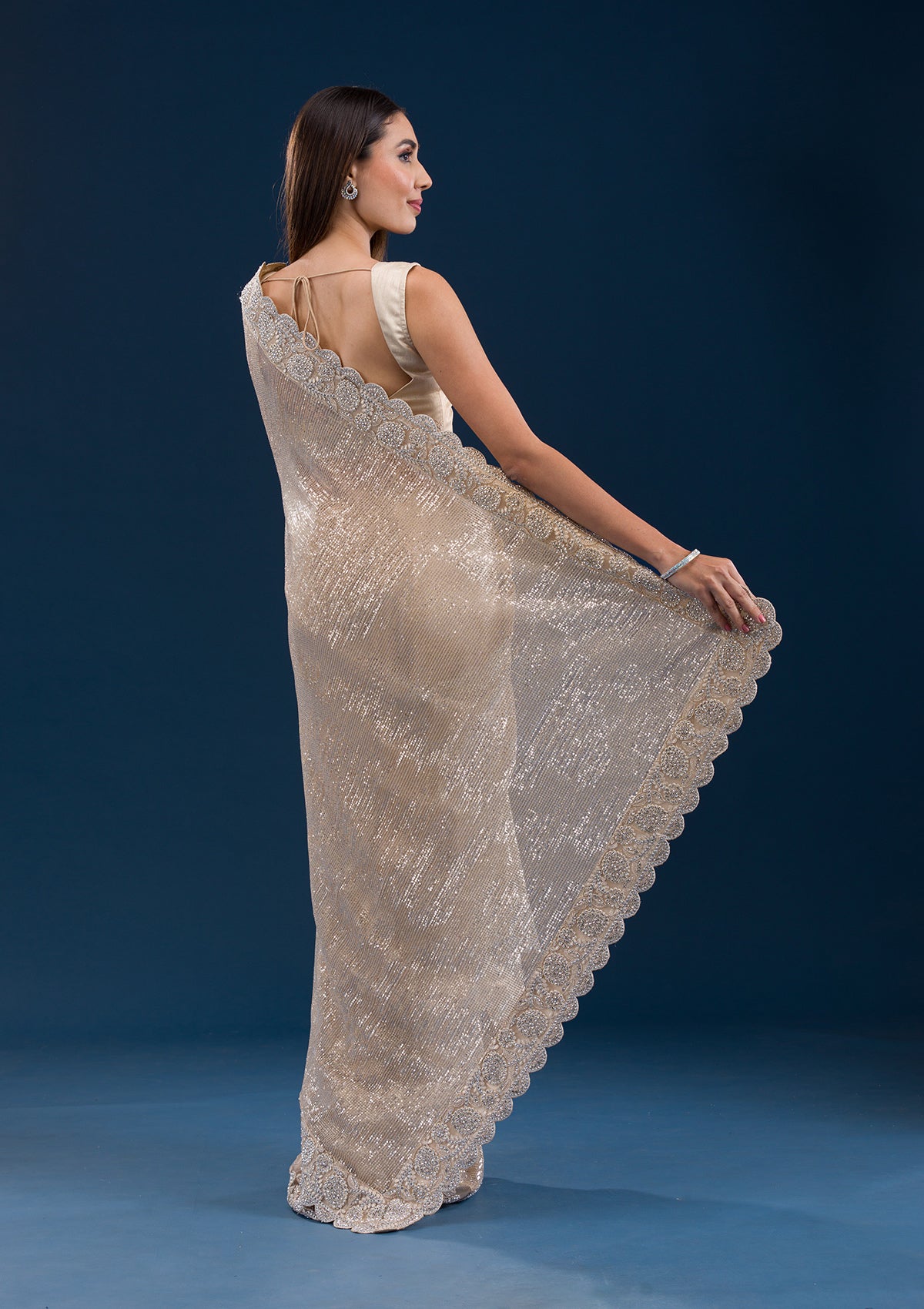 Koskii Beige Sequins Net Saree – Women's - view 2