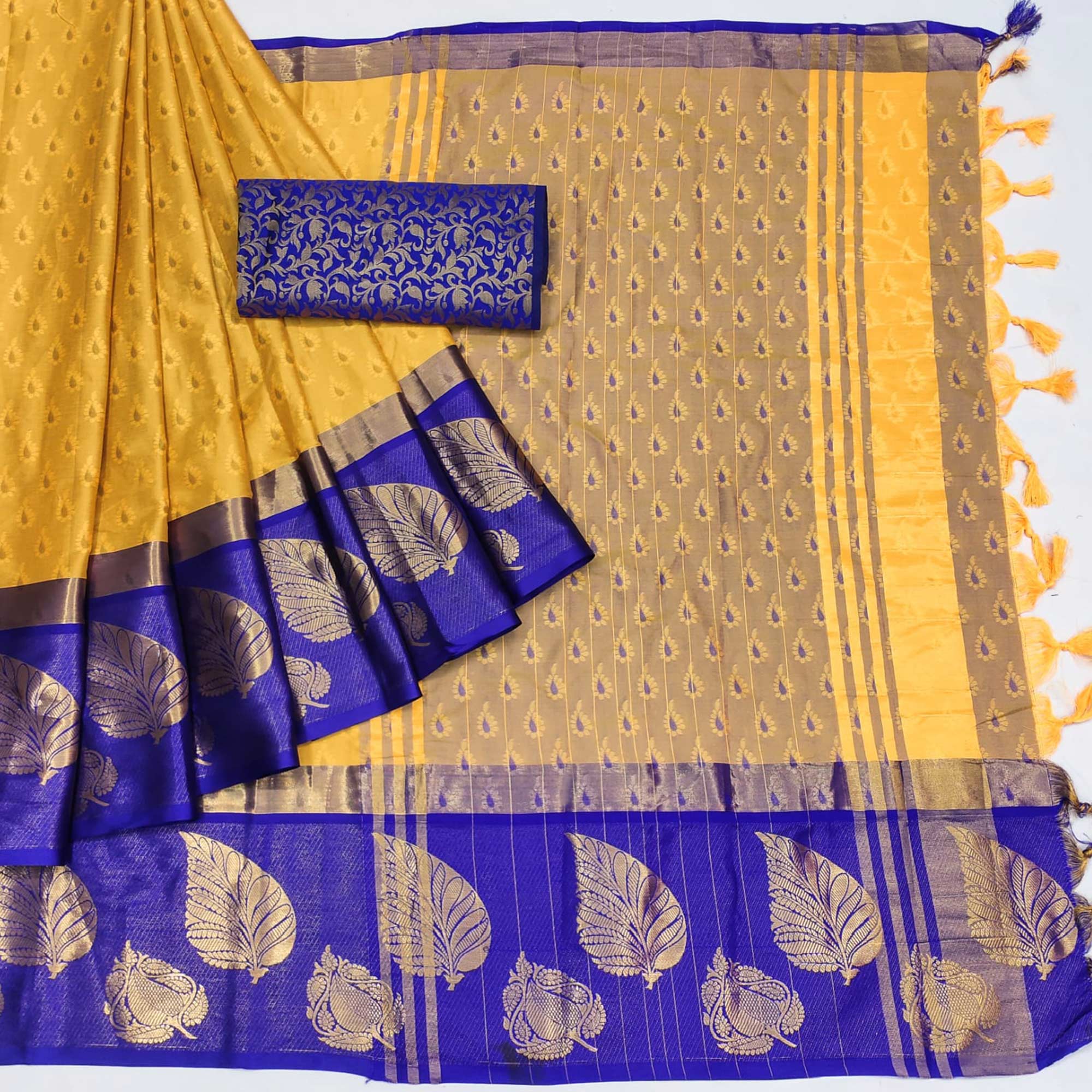 Peachmode Dusty Yellow Woven Cotton Silk Saree With Tassels - view 3