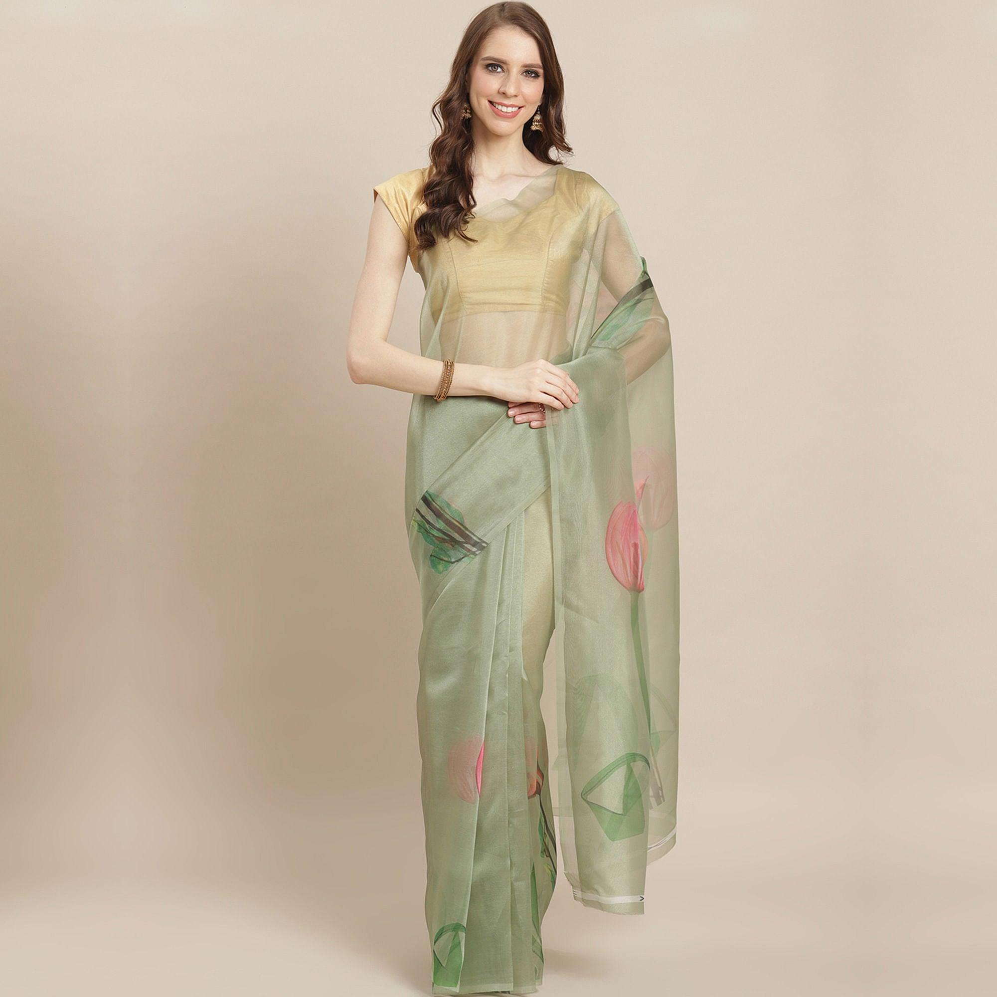 Peachmode Eye-catching Pastel Green Colored Casual Wear Printed Organza Saree
