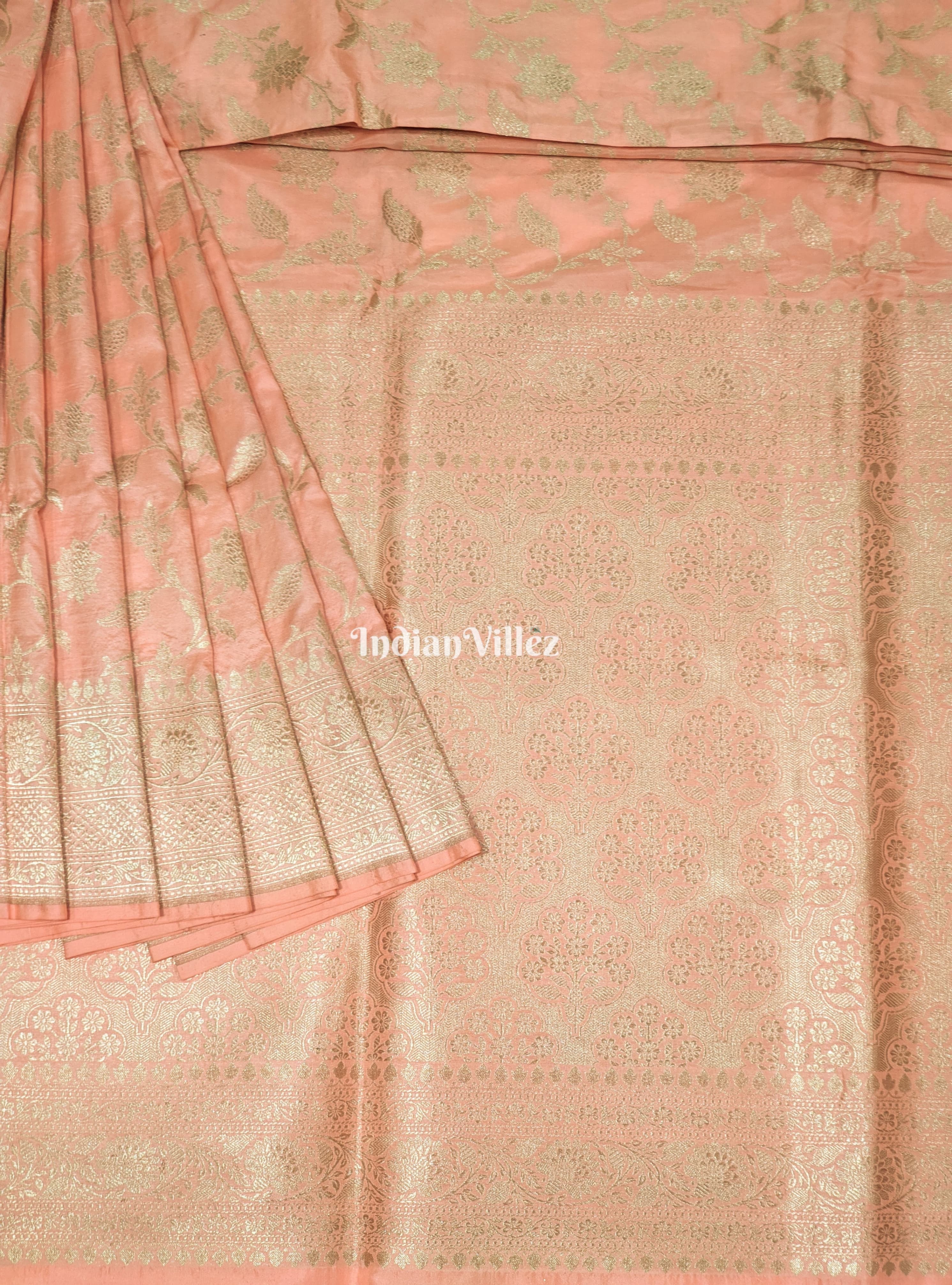 IndianVillèz Baby Pink Floral Banarasi Katan Silk Saree