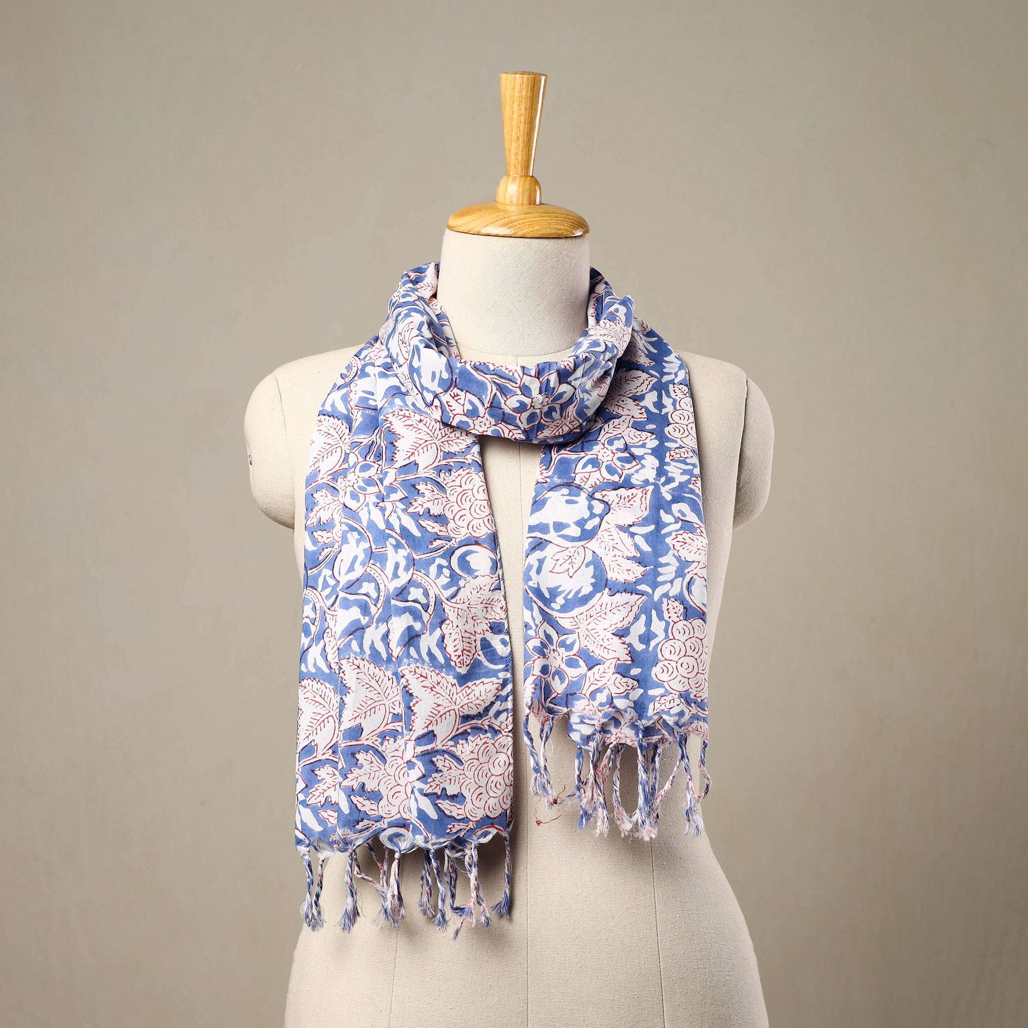 HAVELI CHRONICLES Blue - Block Print Cotton Sanganeri Stole with Tassels 109