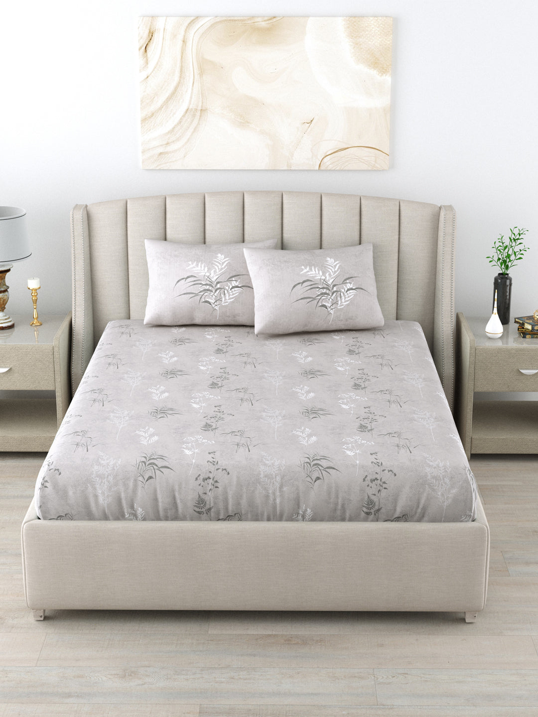 Urban Space -Home Furnishing Store Fitted King Size Cotton Bedsheet - Summer Bloom Grey