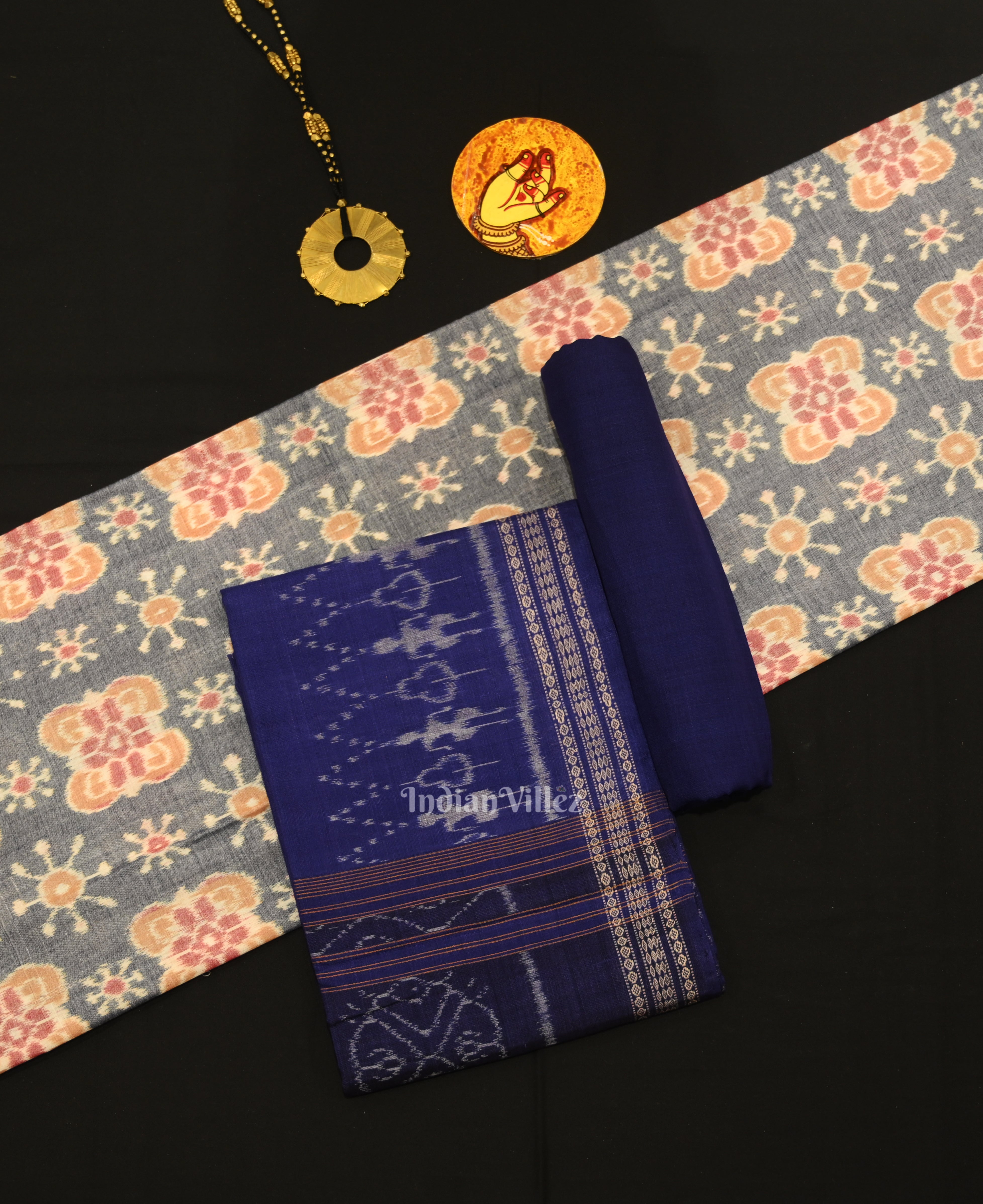 IndianVillèz Cement Gray Blue Odisha Ikat Sambalpuri Dress Set & Dupatta