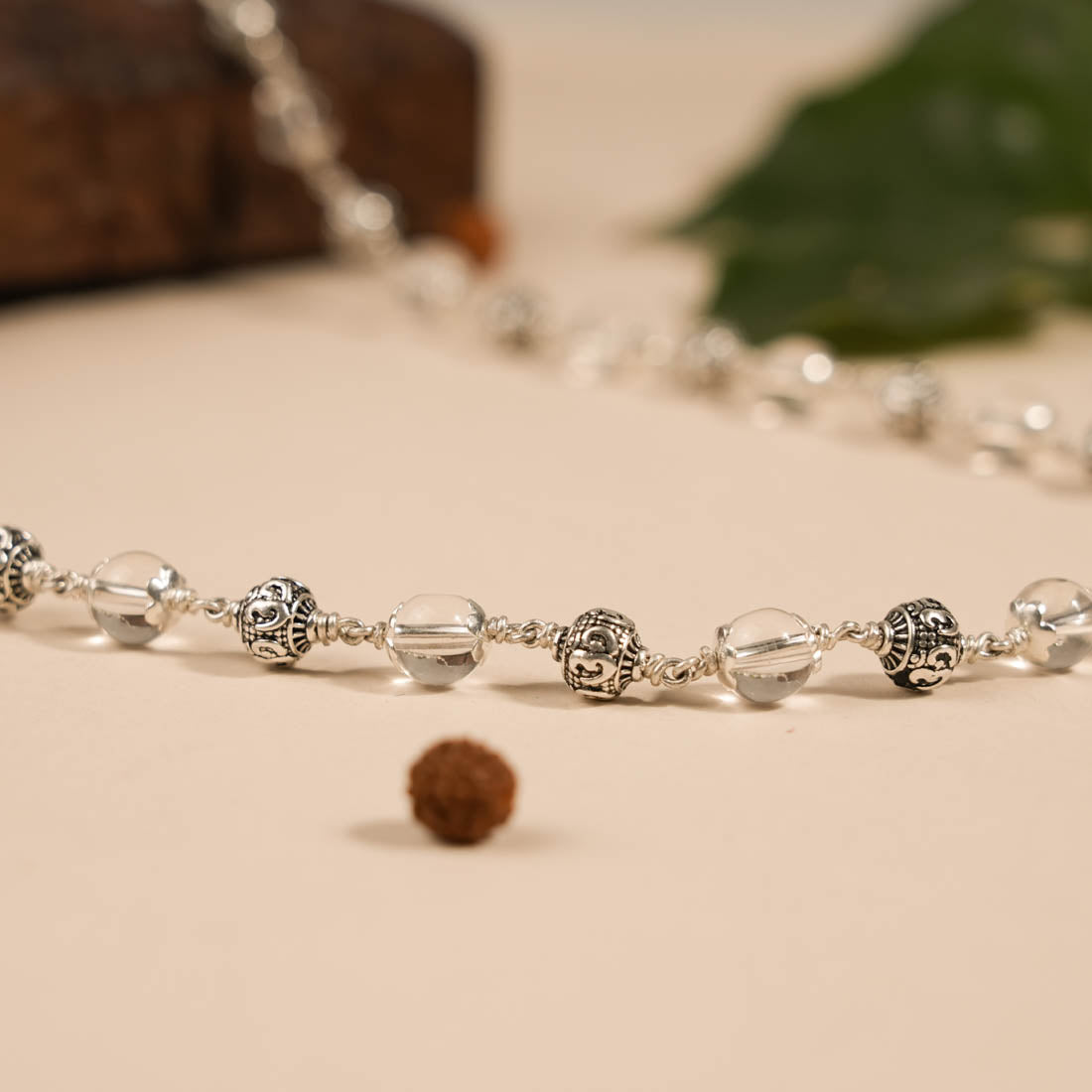 Prinjal Jewellers Sphatik With Om Silver Beads Mala