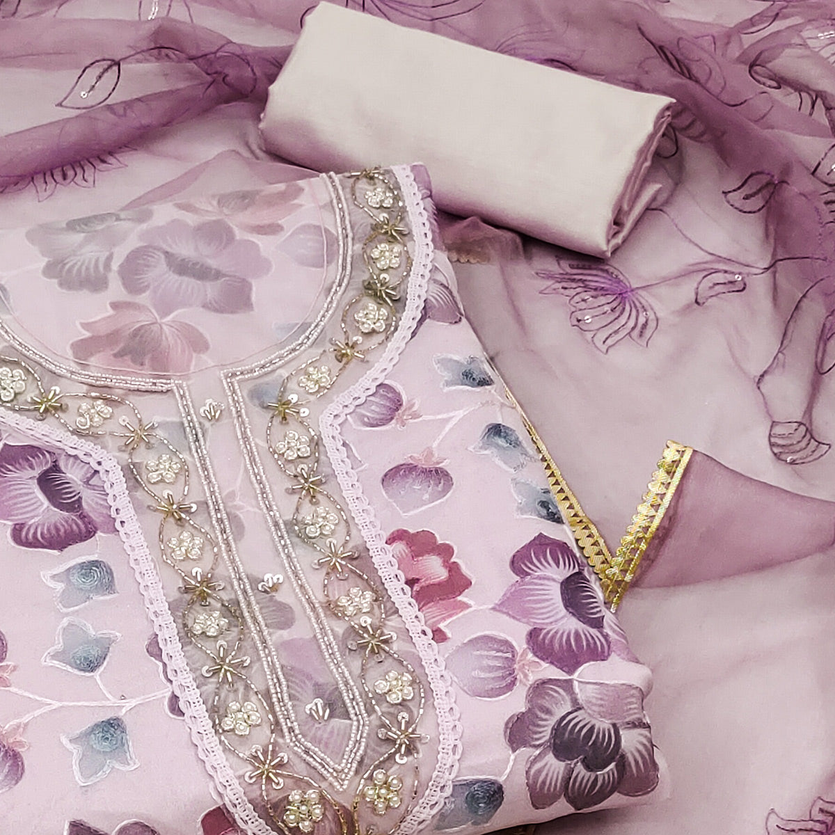 Peachmode Mauve Floral Embroidered With Printed Organza Dress Material - view 2