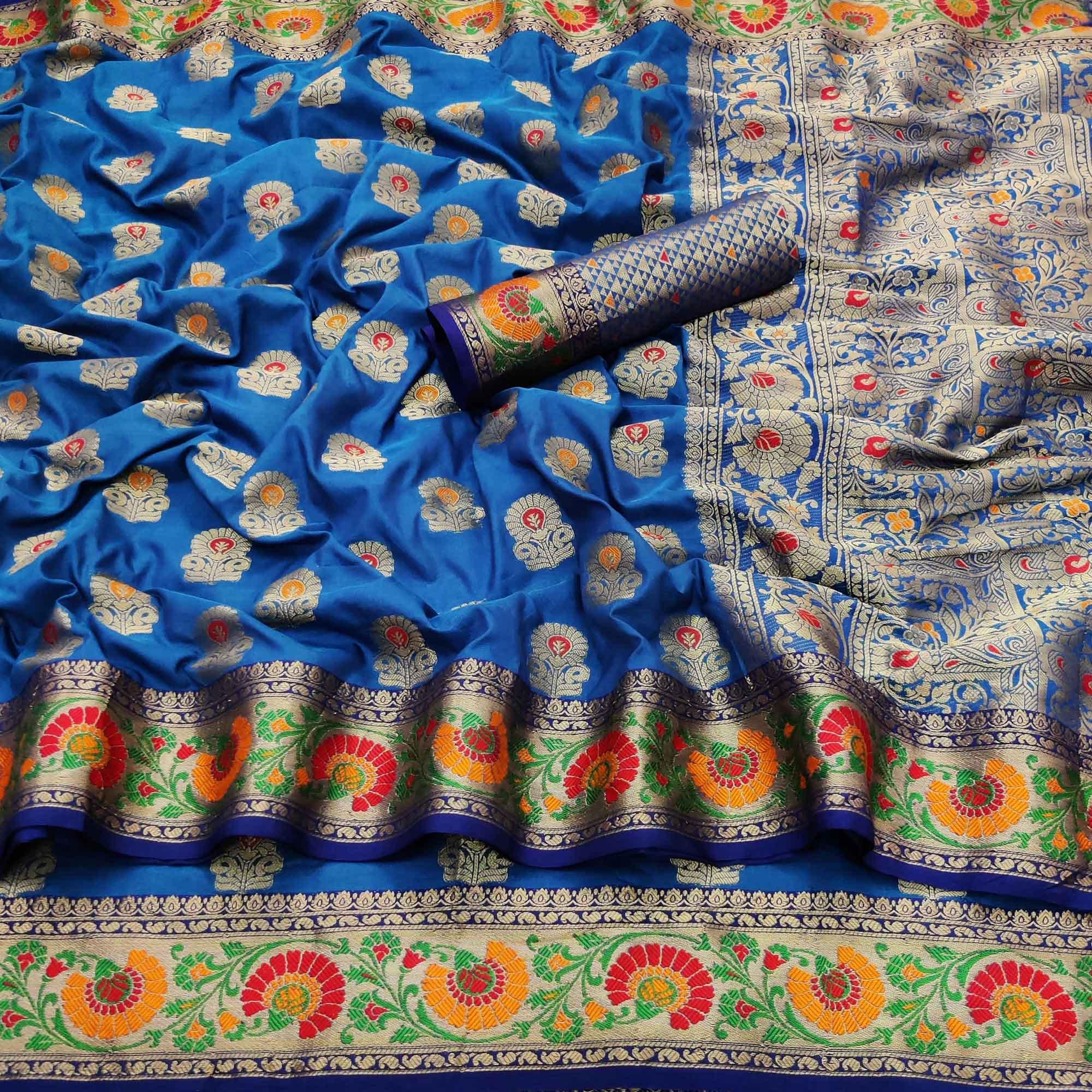 Peachmode Firoji Festive Wear Floral Woven Soft Silk Saree - view 2