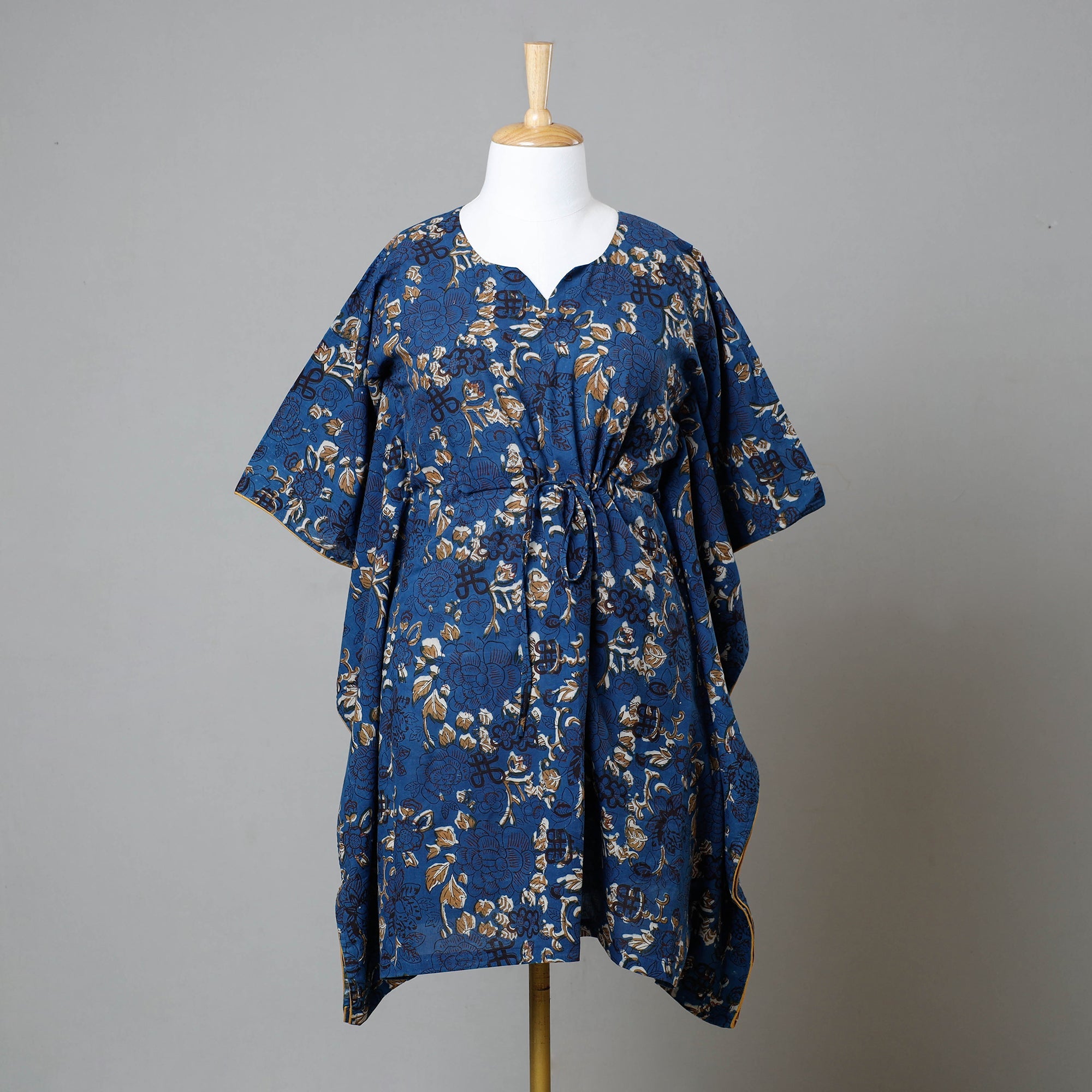 ITOKRI CASUALS Blue - Bagru Block Printed Cotton Kaftan with Tie-Up Waist (Medium)