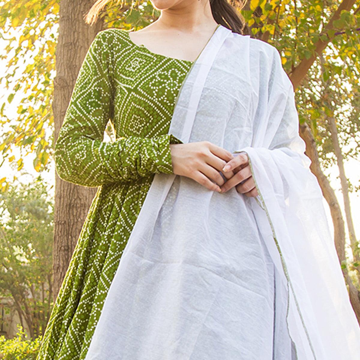 Peachmode Seller Glorious Partywear Designer Bandhani Green Colored Pure Muslin Anarkali Suit With Dupatta - view 2