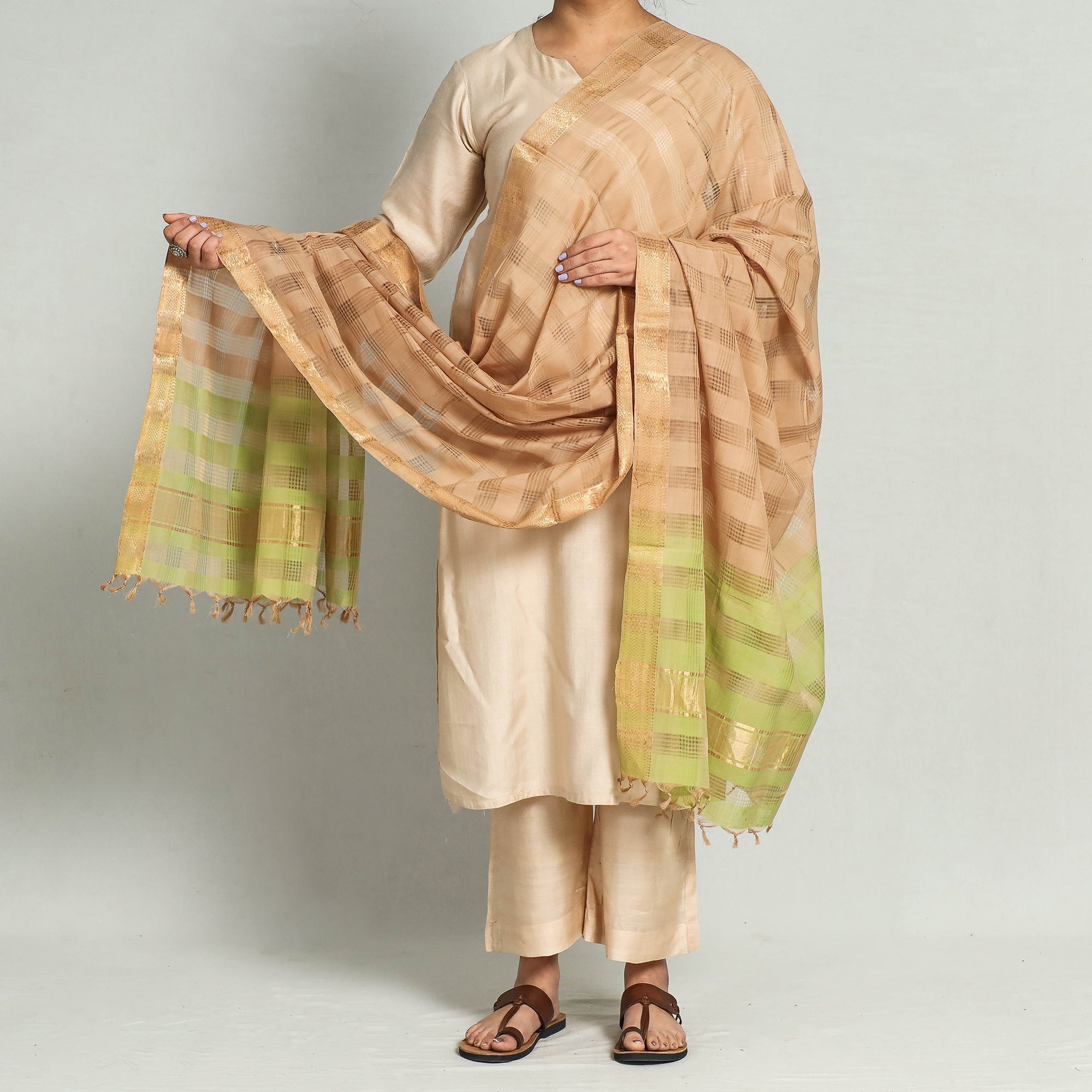 SOUTH KARGHA Brown - Original Mangalagiri Handloom Cotton Dupatta with Zari Border - view 2