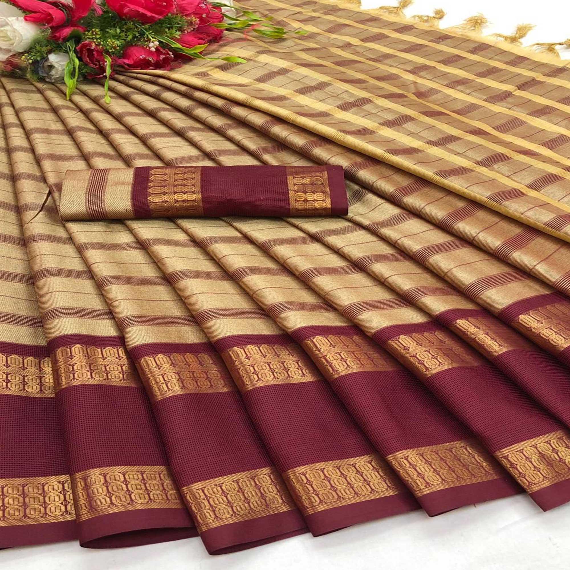 Peachmode Chikoo Festive Wear Woven Heavy Rich Cotton Silk Saree