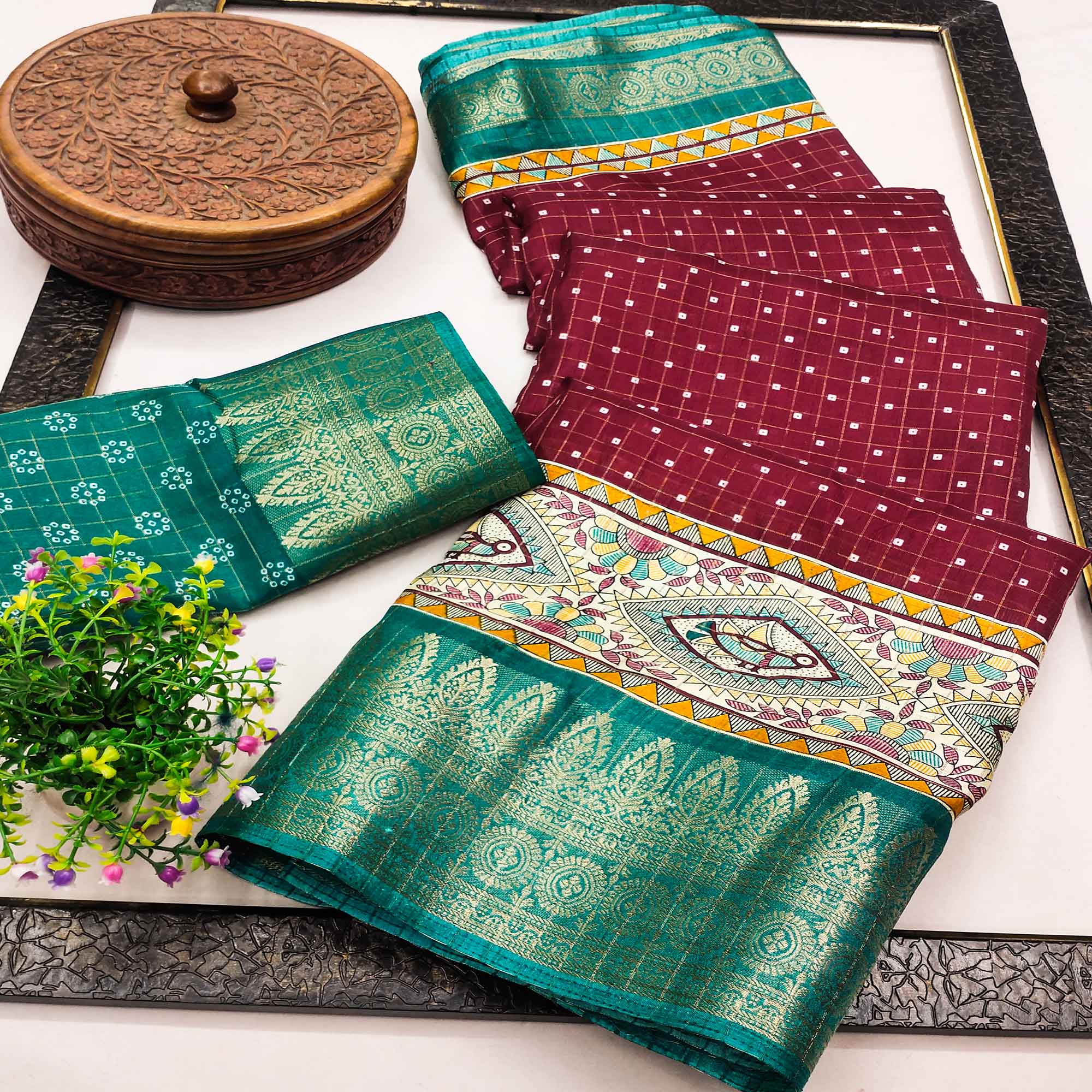 Peachmode Maroon Madhubani Work Woven Dola Silk Saree