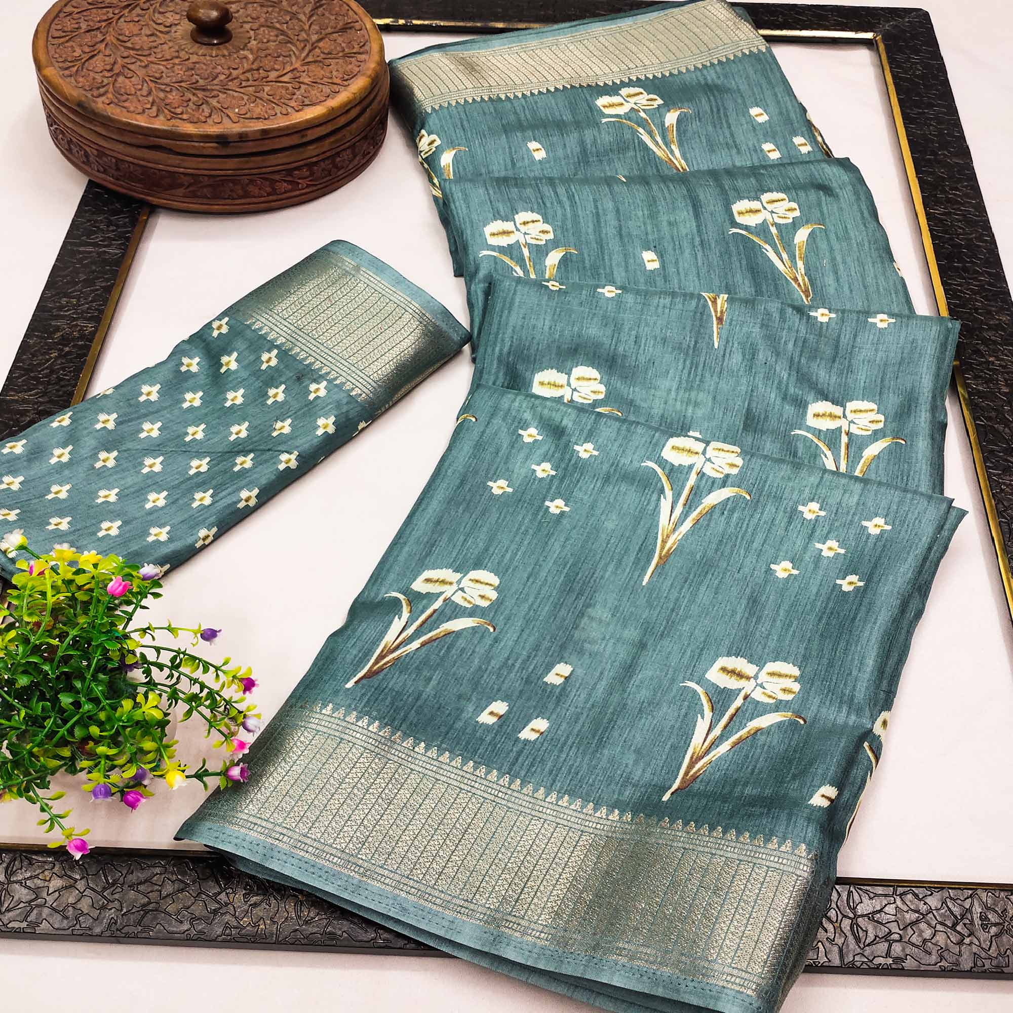 Peachmode Dusty Turquoise Floral Printed Dola Silk Saree