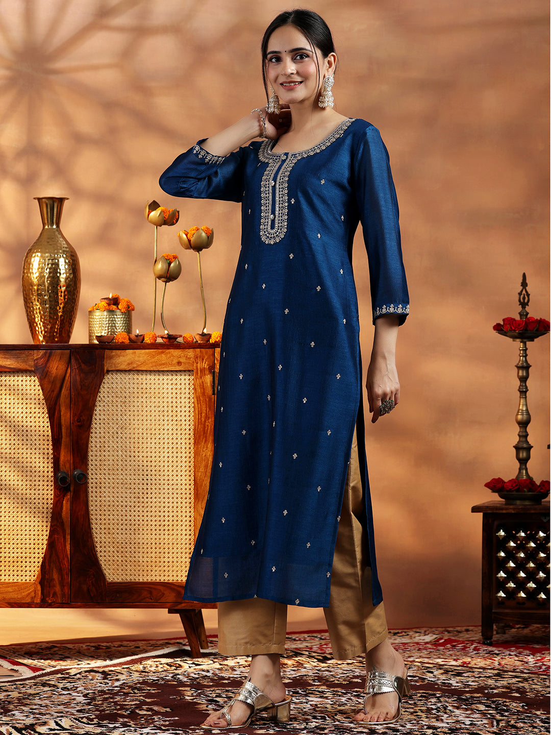 Libas Blue Embroidered Silk Straight Kurta - view 3
