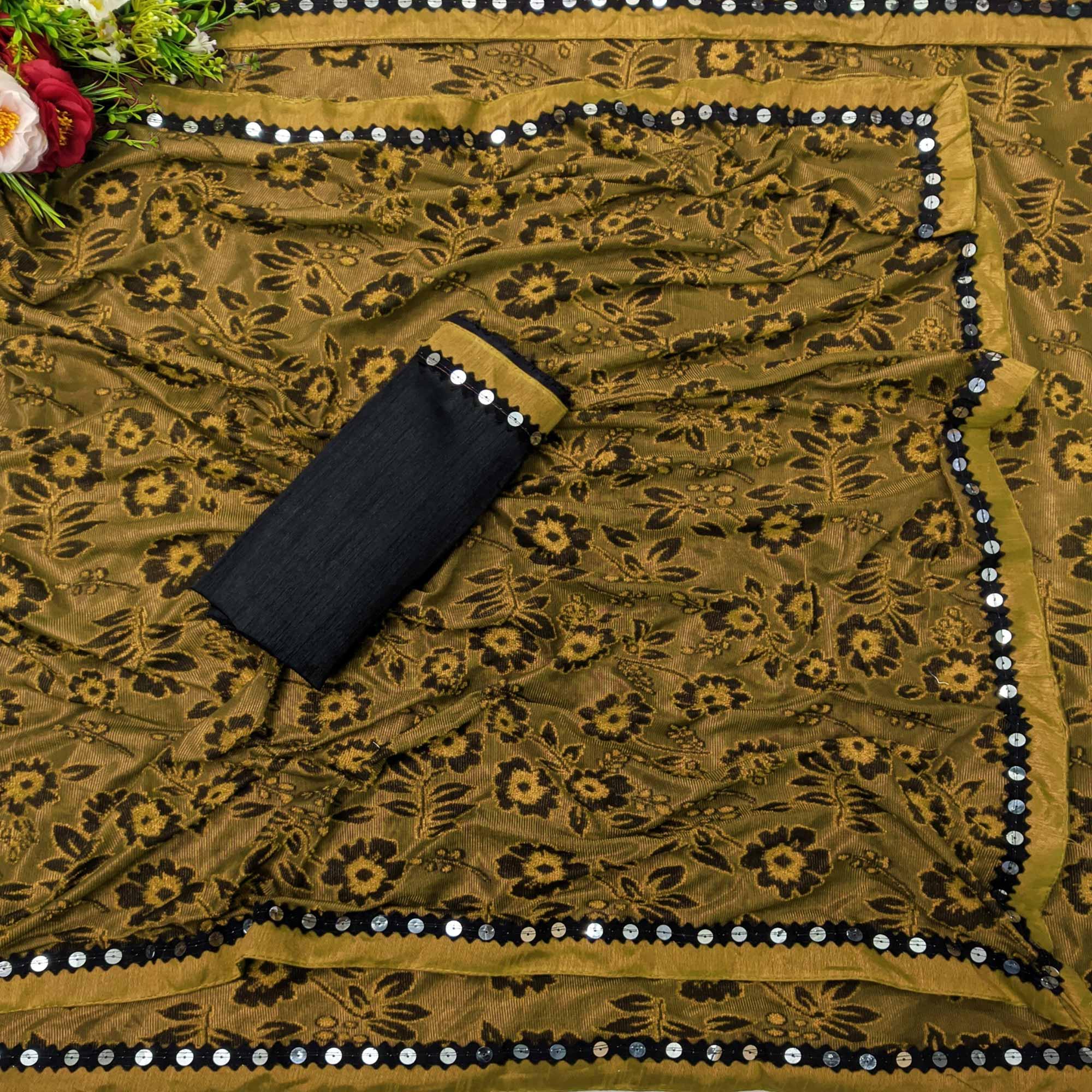 Peachmode Eye-catching Mustard Colored Festive Wear Floral Woven Art Silk Saree