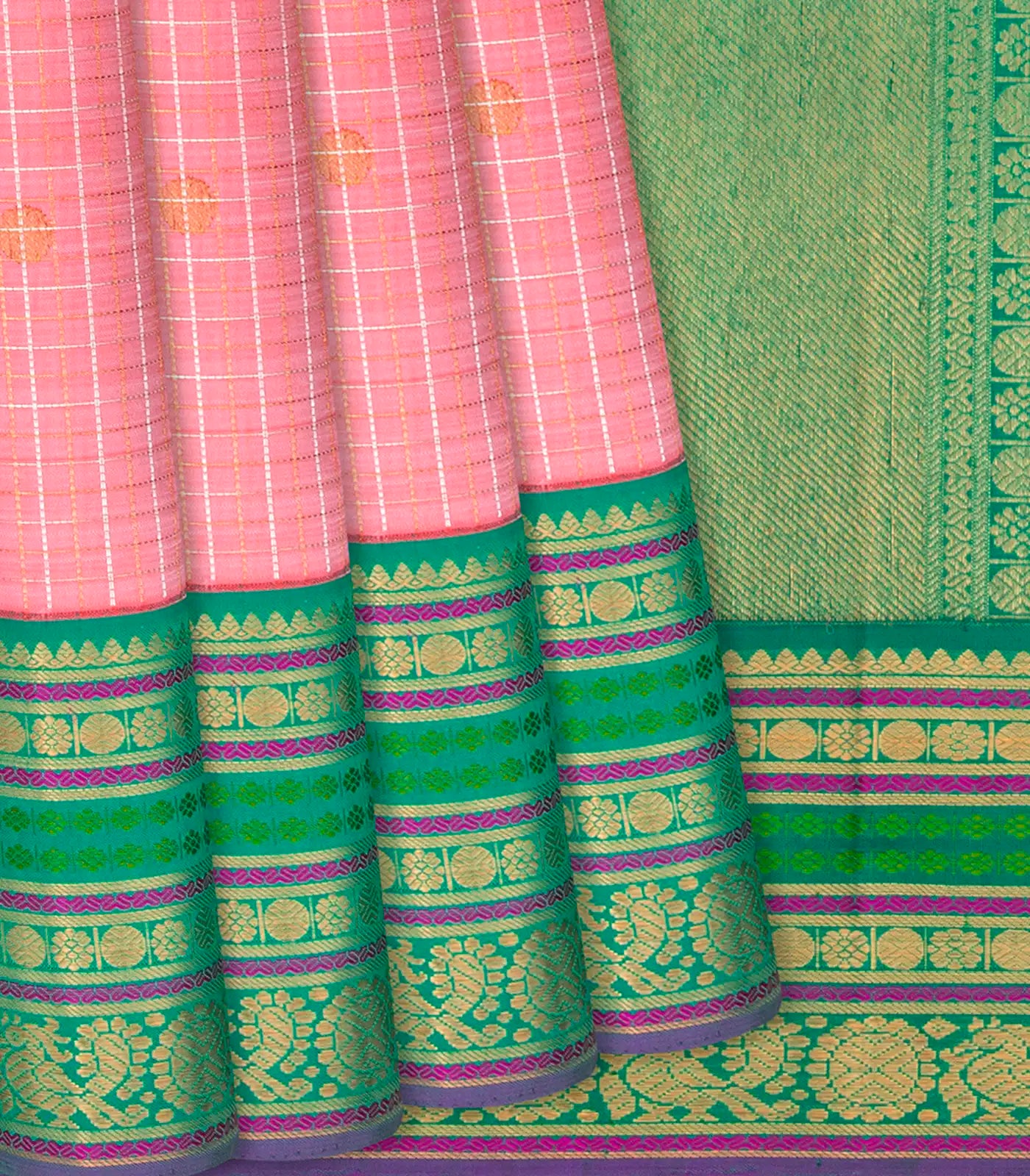 RmKV Baby Pink Handloom Kanchipuram Korvai Silk Saree With Checks-Baby Pink
