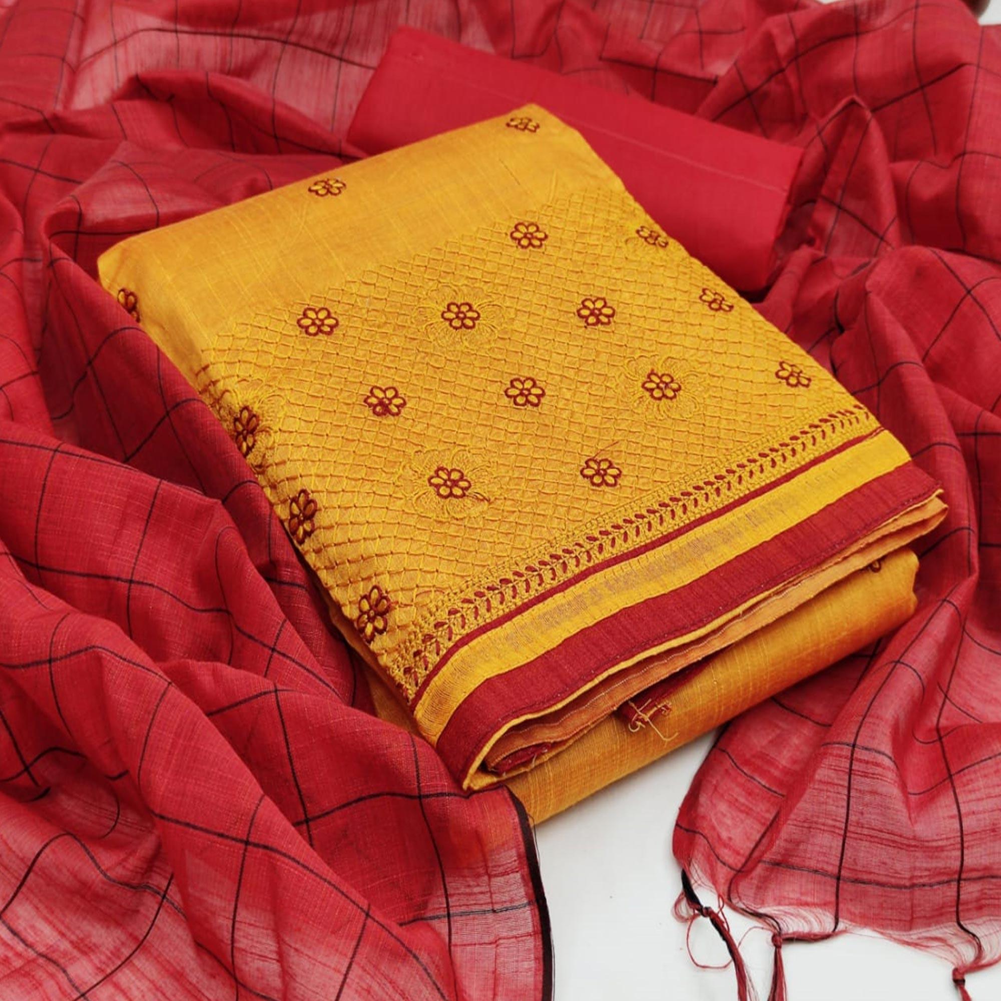 Peachmode Flirty Mustard Colored Casual Wear Embroidered Banarasi Cotton Dress Material