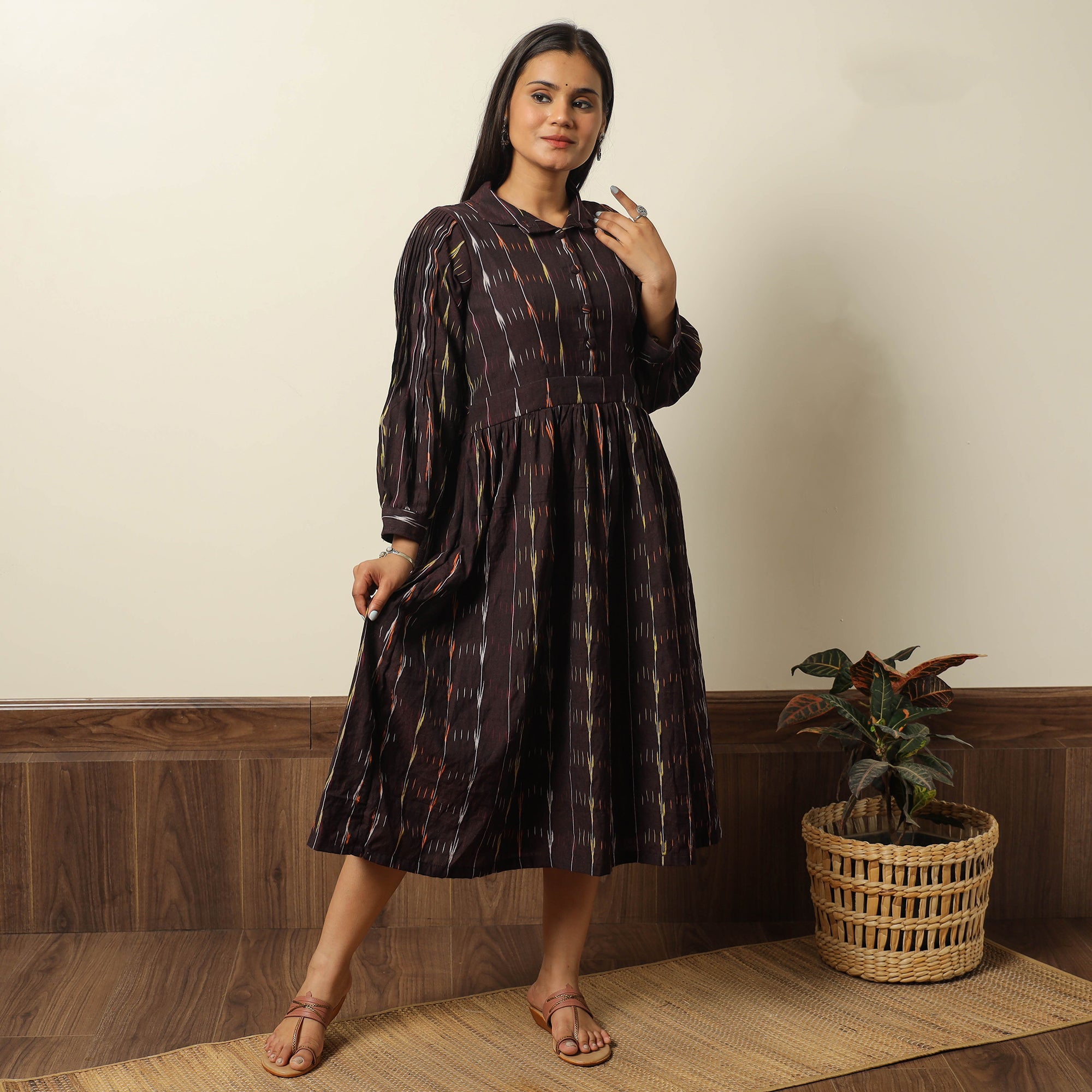 ITOKRI CASUALS Brown - Pochampally Ikat Weave Cotton Flared Dress 09
