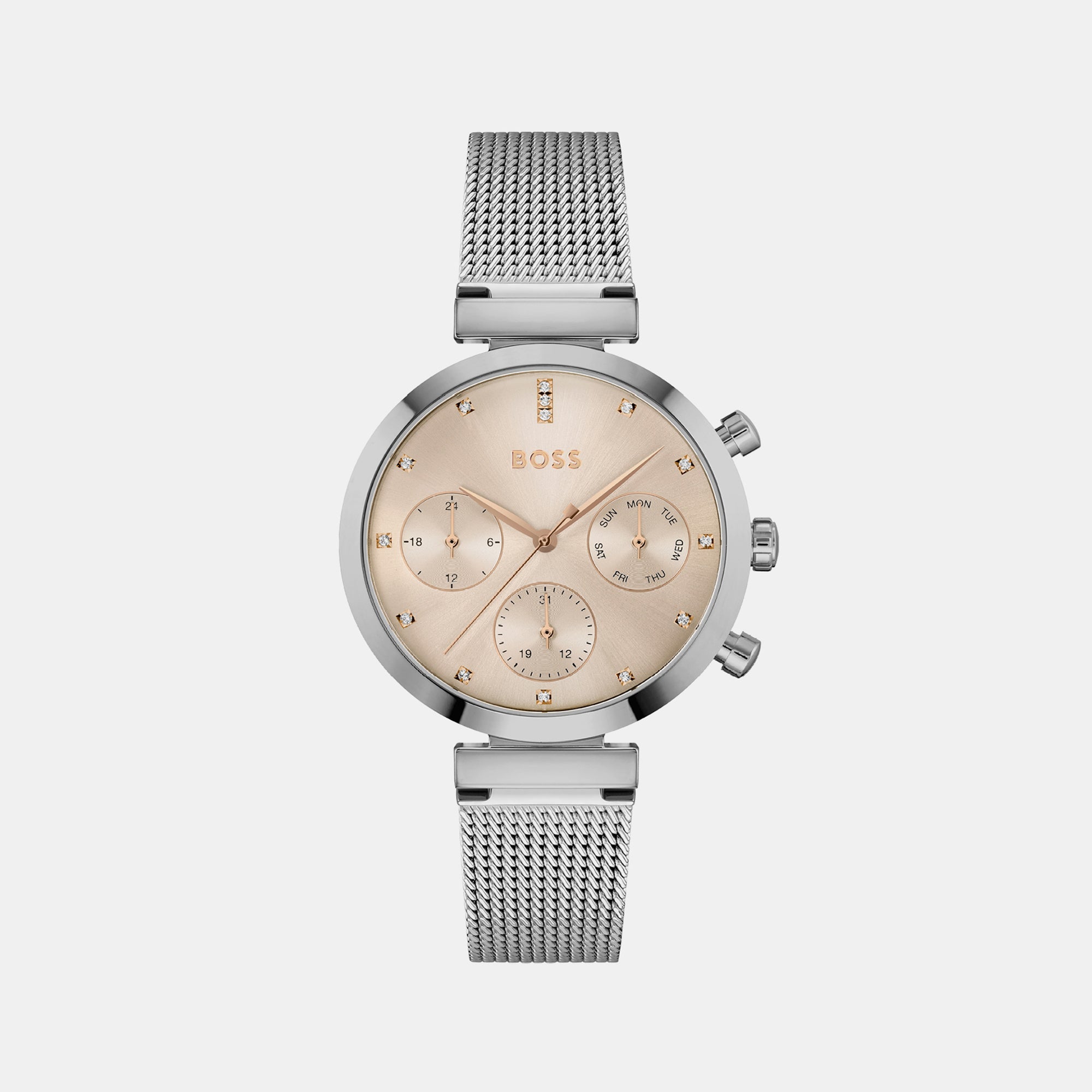 Boss Flawless Women Quartz Rose Gold Dial Chronograph Mesh Watch 1502625