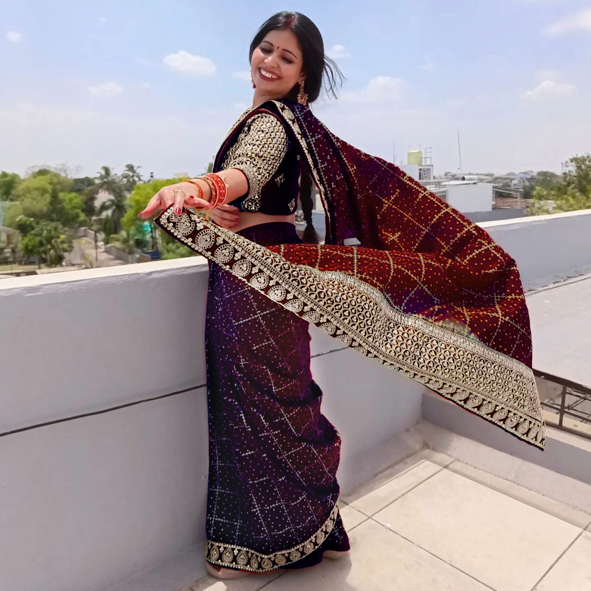 Peachmode Maroon Printed With Embroidered Border Vichitra Silk Saree - view 4