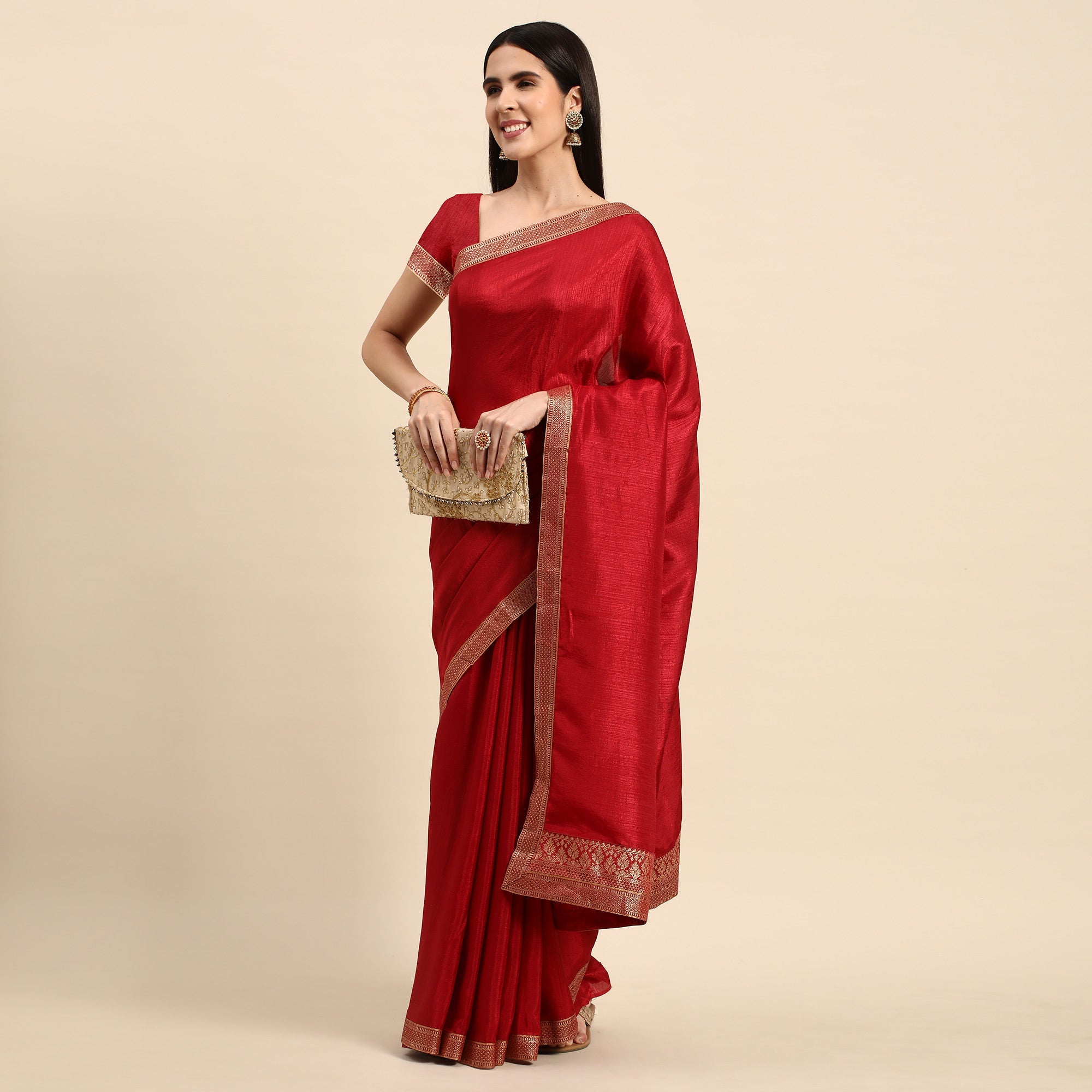 Peachmode Maroon Solid Vichitra Silk Saree With Fancy Zari Border - view 2