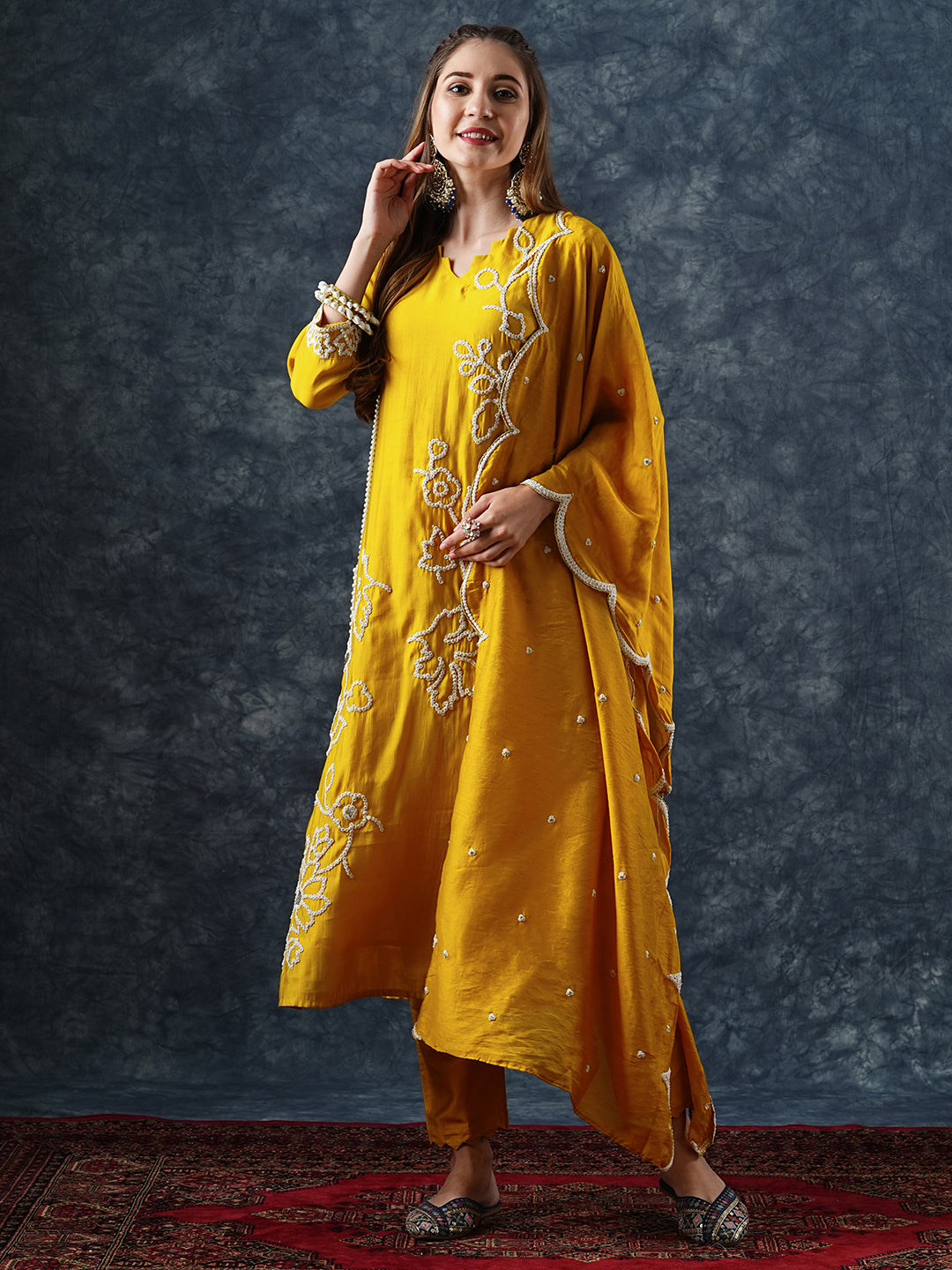 Fashor Solid Floral Dori Embroidered Straight Kurta with Pant & Dupatta - Yellow - view 2