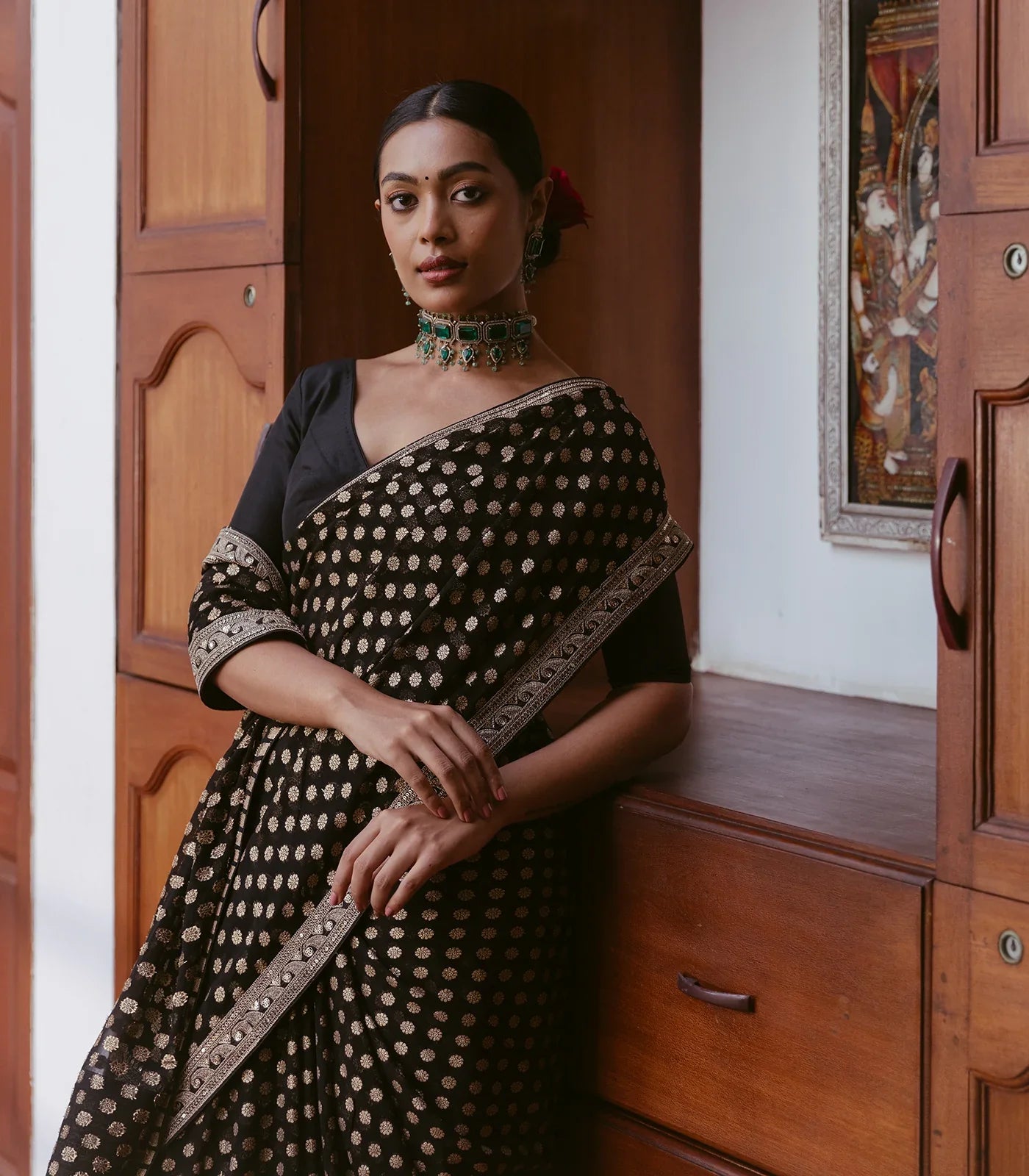 RmKV Black Woven Khadi Georgette Saree With Floral Motifs & Embroidery